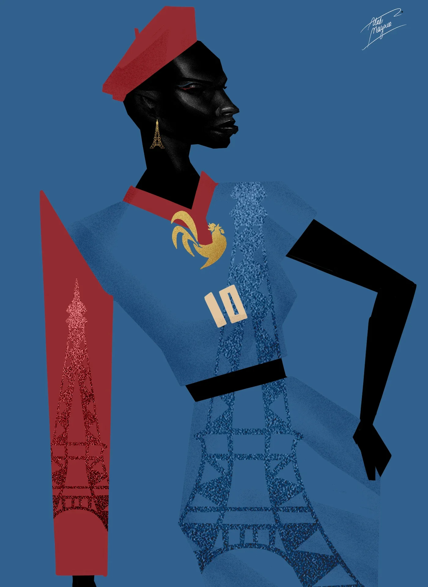Illustration of a Black woman in a red beret and blue number 10 shirt with a gold rooster crest, Eiffel Tower motifs on her sleeve and skirt, on blue
