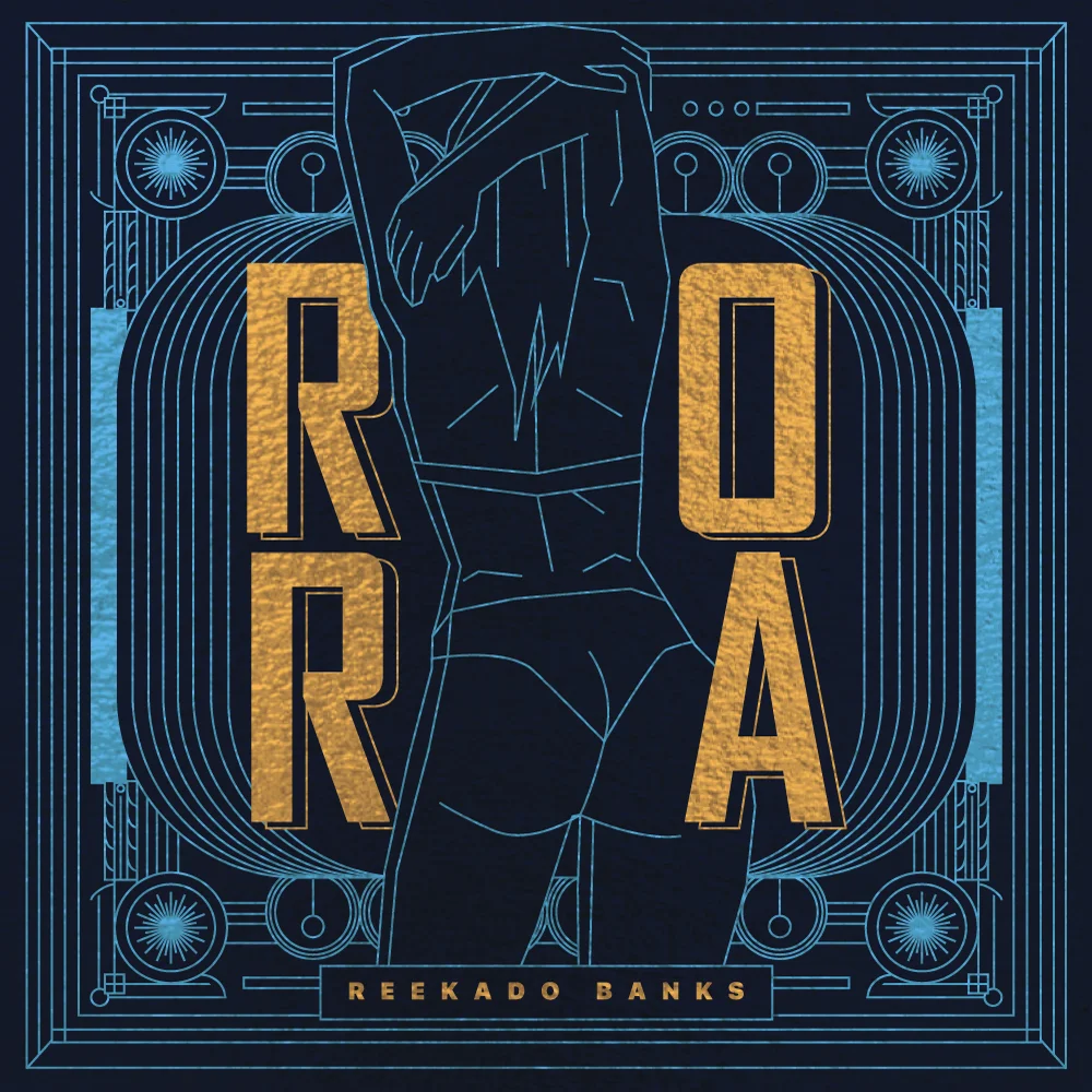 Album cover for "Rora" by Reekado Banks: a blue line drawing of a woman from behind between gold letters, inside an ornate art deco frame