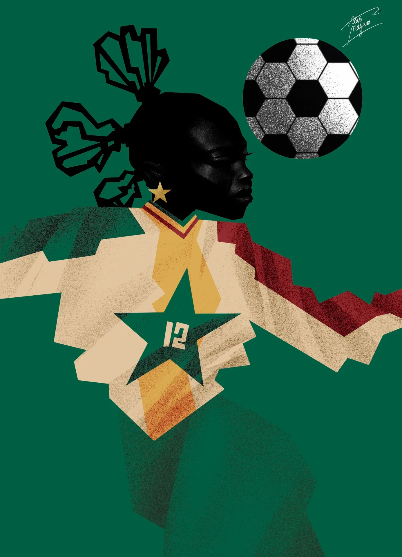 Illustration of a Black woman with sculpted bunches heading a football, in a cream, yellow and red top with a green star bearing the number 12, on green