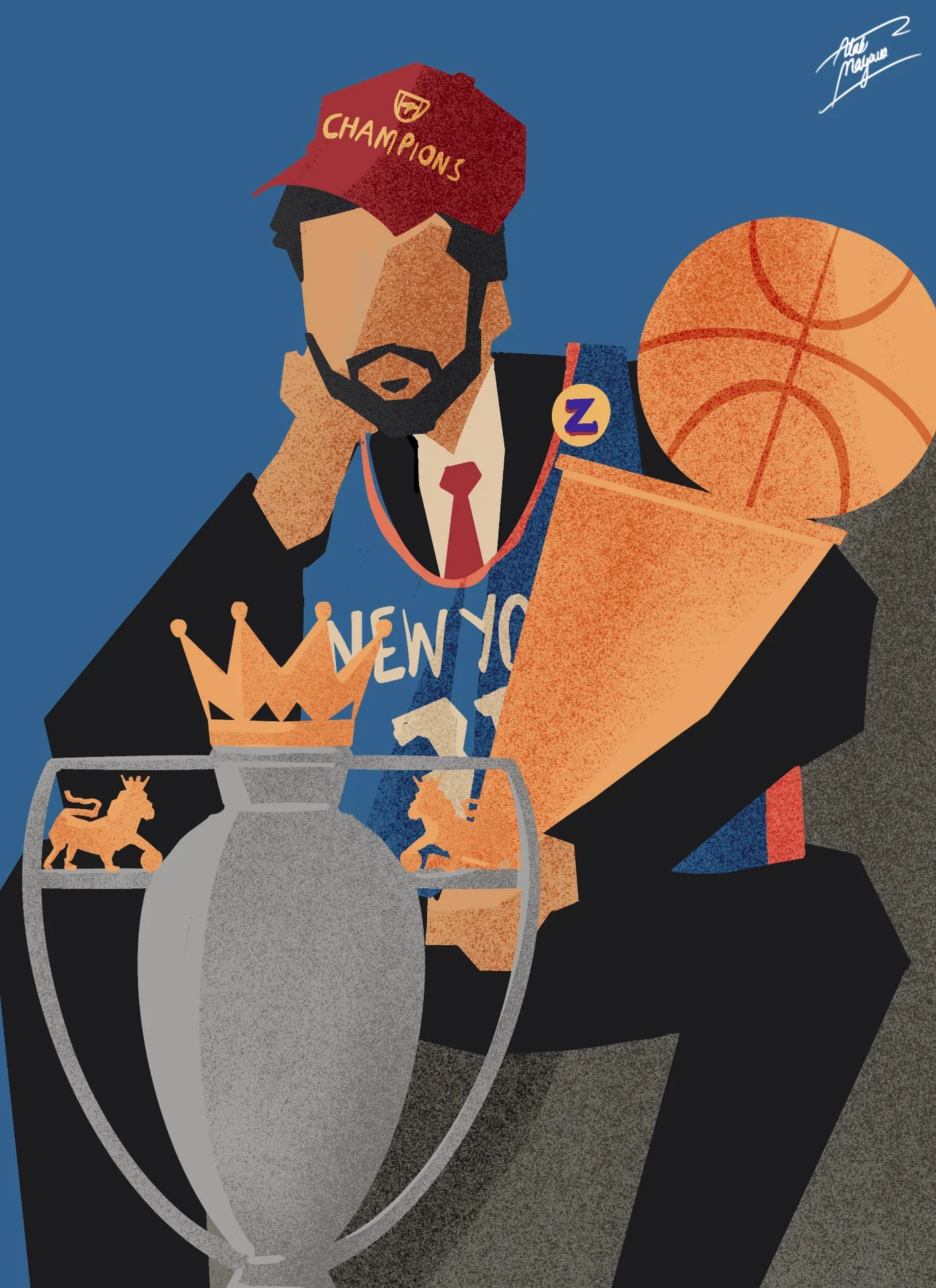 A bearded man in a suit, red "Champions" cap and New York jersey sits chin in hand between the Premier League trophy and the NBA championship trophy