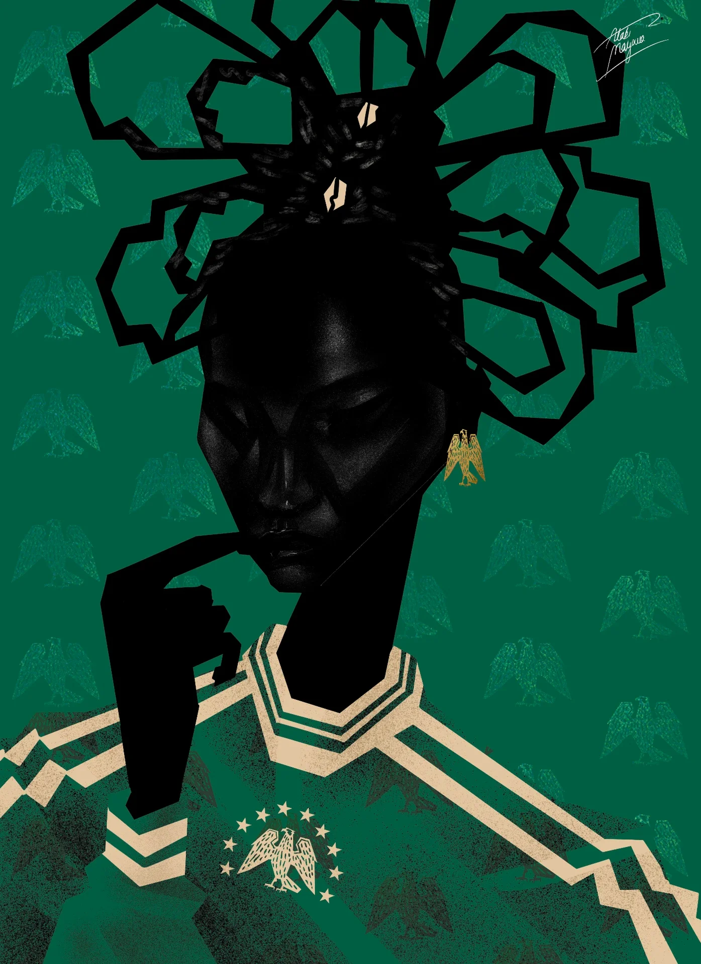Illustration of a Black woman with sculpted looping hair, finger to her chin, in a green and cream kit with an eagle crest, on green patterned with eagles
