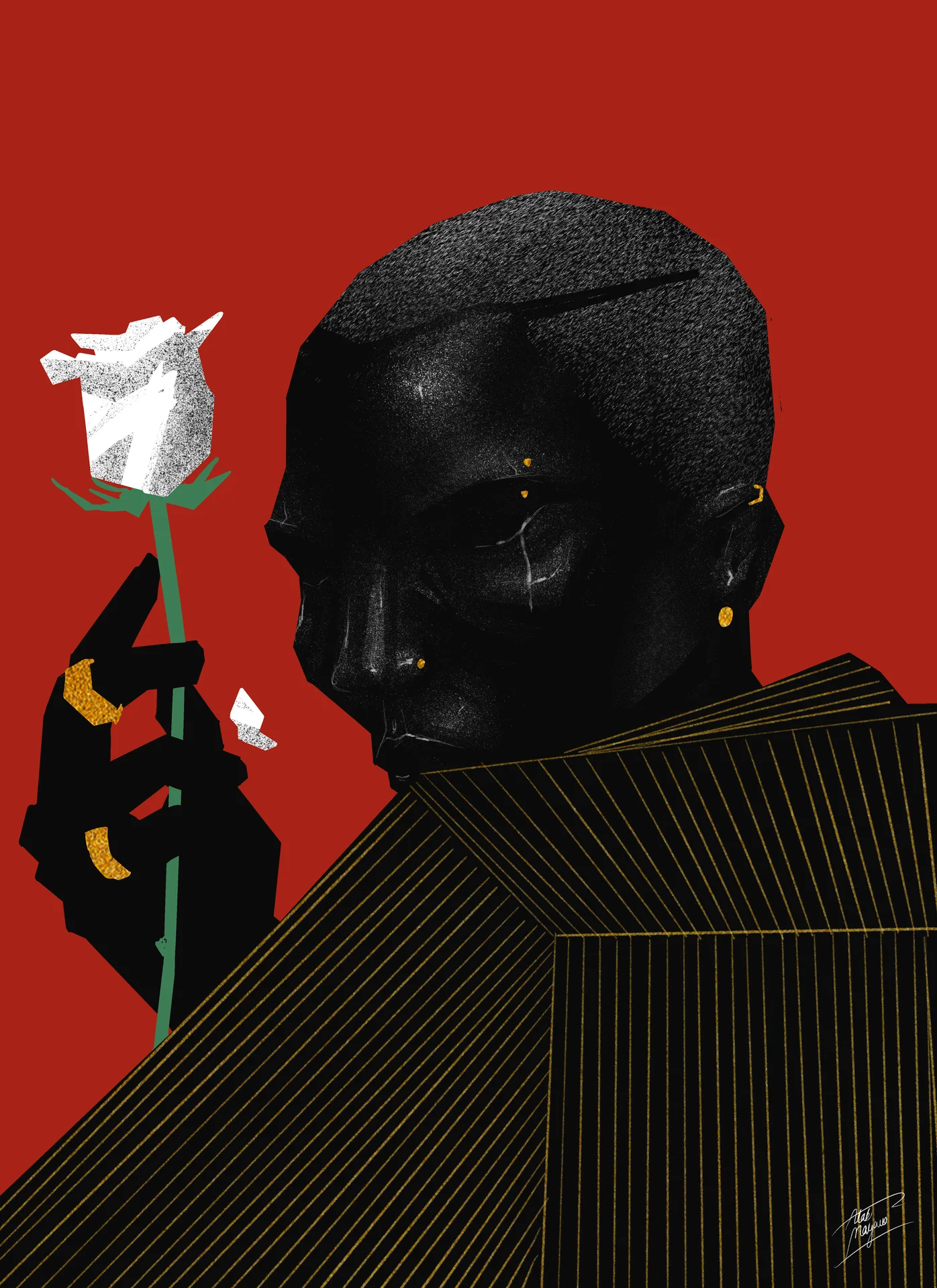 Illustration of a figure with a close-cropped head and high pinstriped collar holding up a white rose in a gold-ringed hand, on a red background