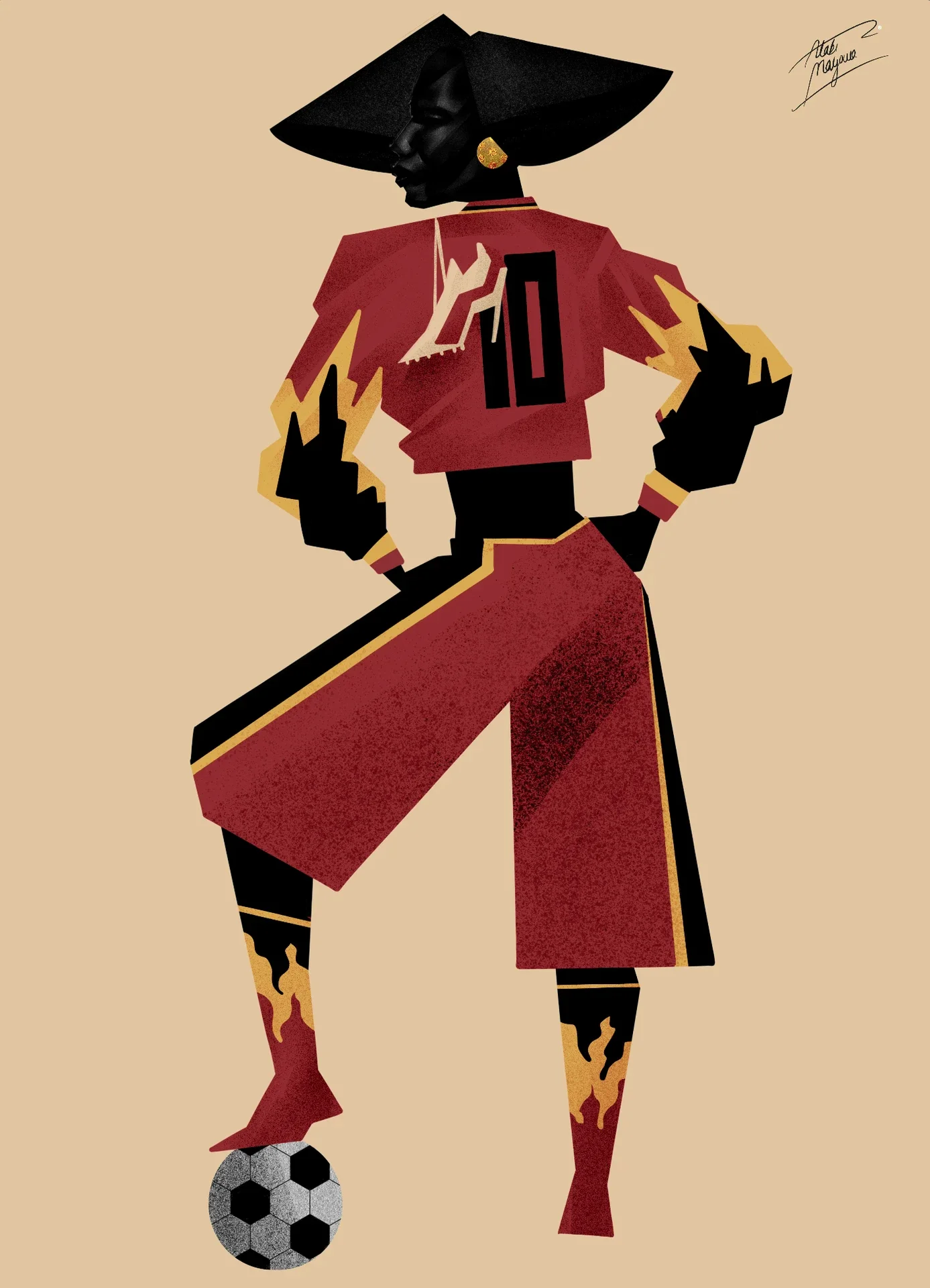 Illustration of a Black woman in a wide black hat and red number 10 kit with flame-patterned sleeves and socks, hands on hips, one foot on a football, on beige