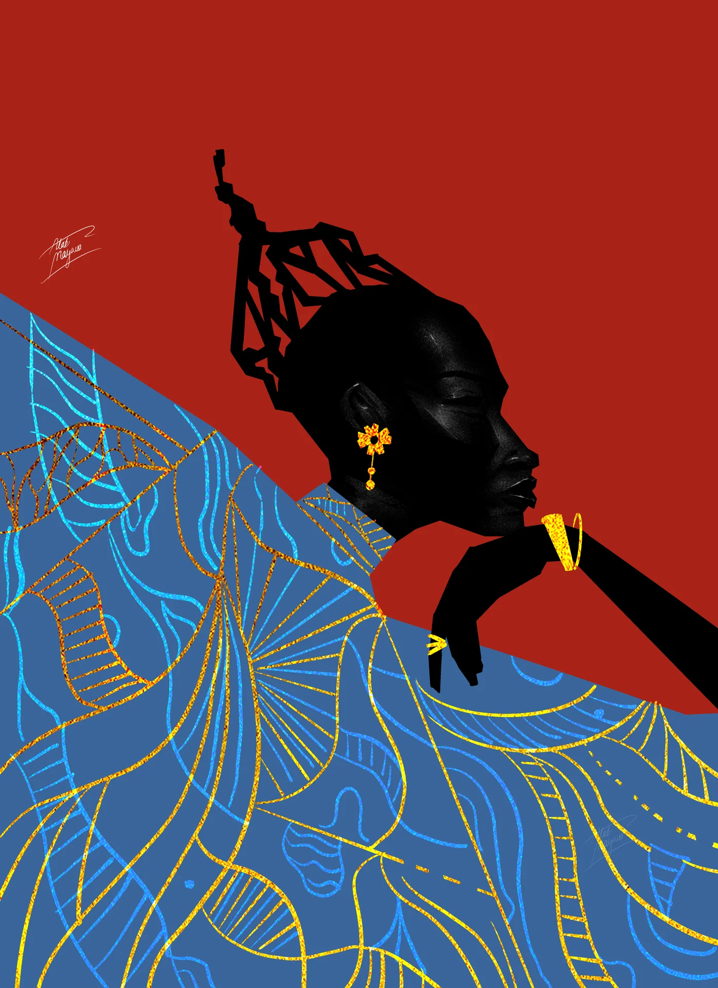 Illustration of a Black woman with a sculpted updo, eyes closed and chin on her hand, draped in blue fabric with gold and light blue patterns, on red