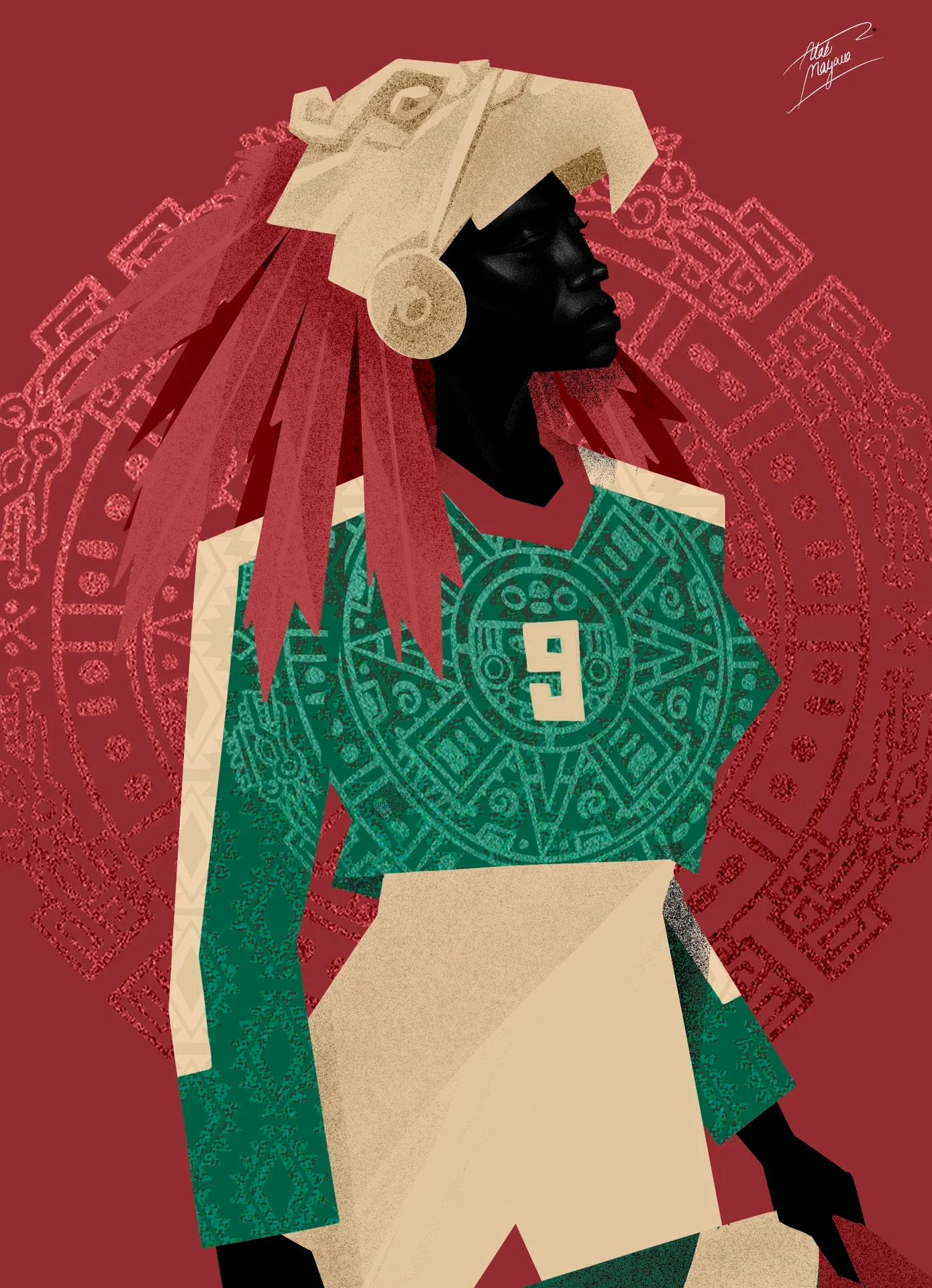 Illustration of a Black woman in an eagle headdress with red feathers and a green Aztec-patterned number 9 shirt, before an Aztec calendar stone on deep red