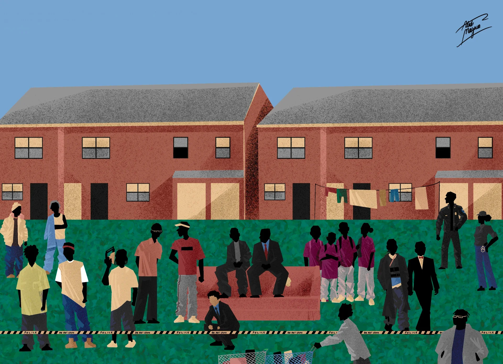 Illustration of a crowd on the lawn of red-brick housing blocks, two men in suits on a red sofa, police officers watching beyond a line of police tape