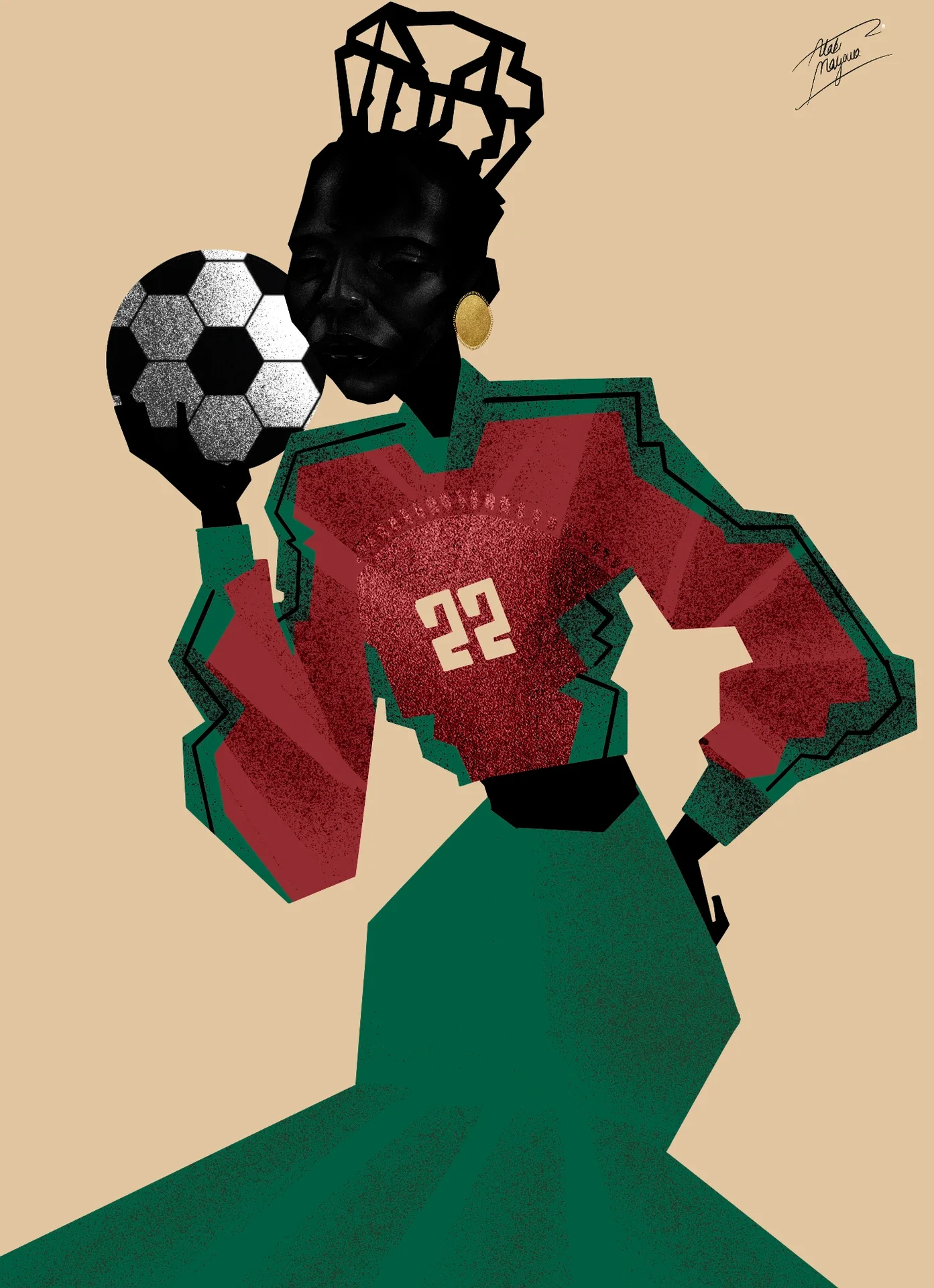 Illustration of a Black woman with a geometric crown of hair, holding a football by her face, in a red number 22 top with green trim and a long green skirt, on beige