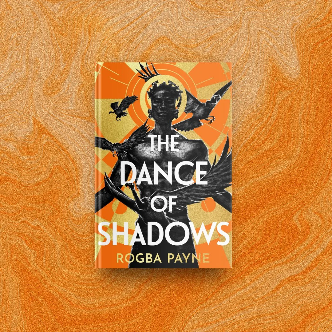 Book cover of The Dance of Shadows by Rogba Payne: a dark figure with a spiked halo surrounded by birds on an orange and gold sunburst