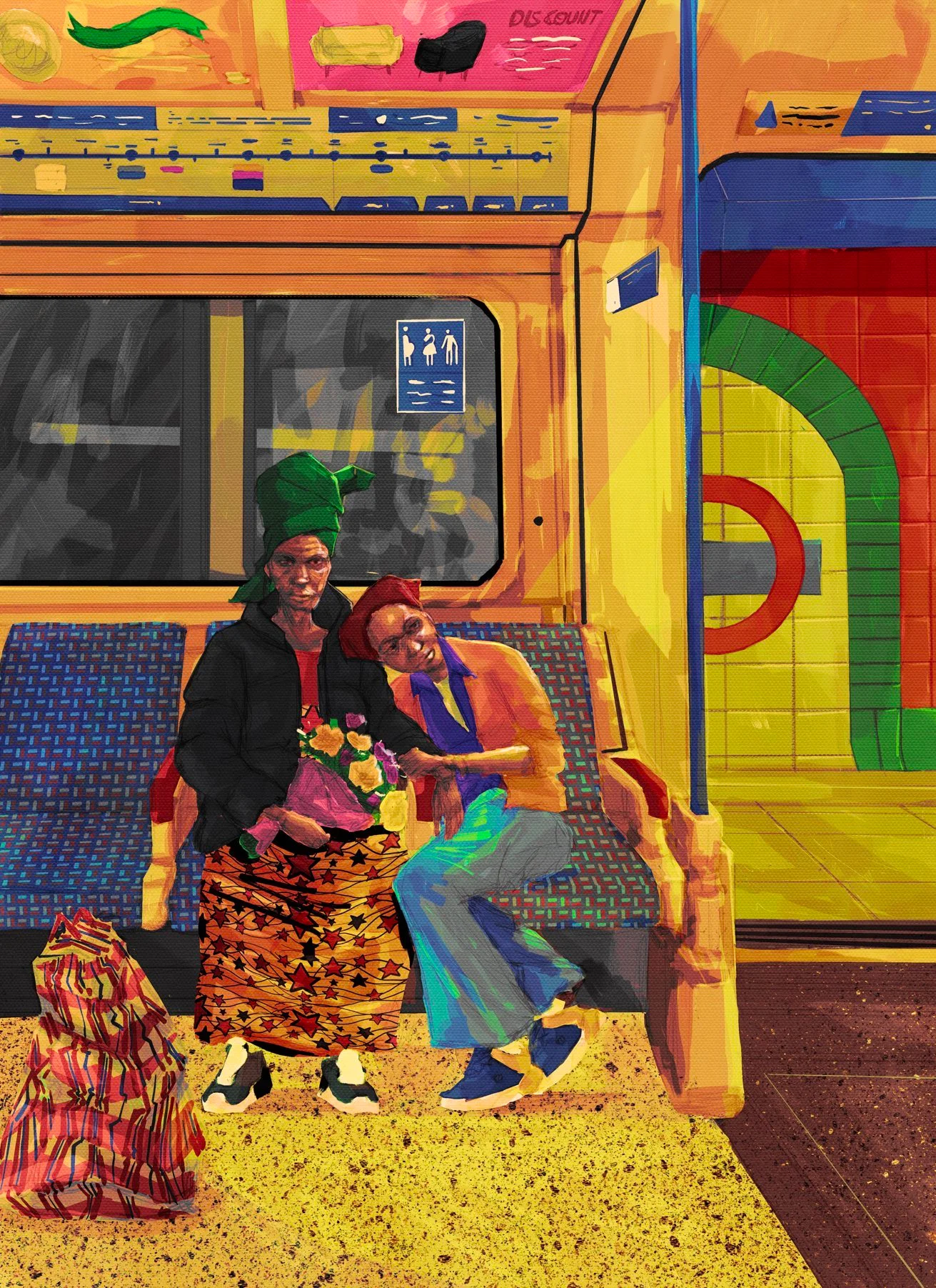 Painterly illustration of an older woman in a green head wrap holding flowers on a London Underground train, a young man resting on her shoulder