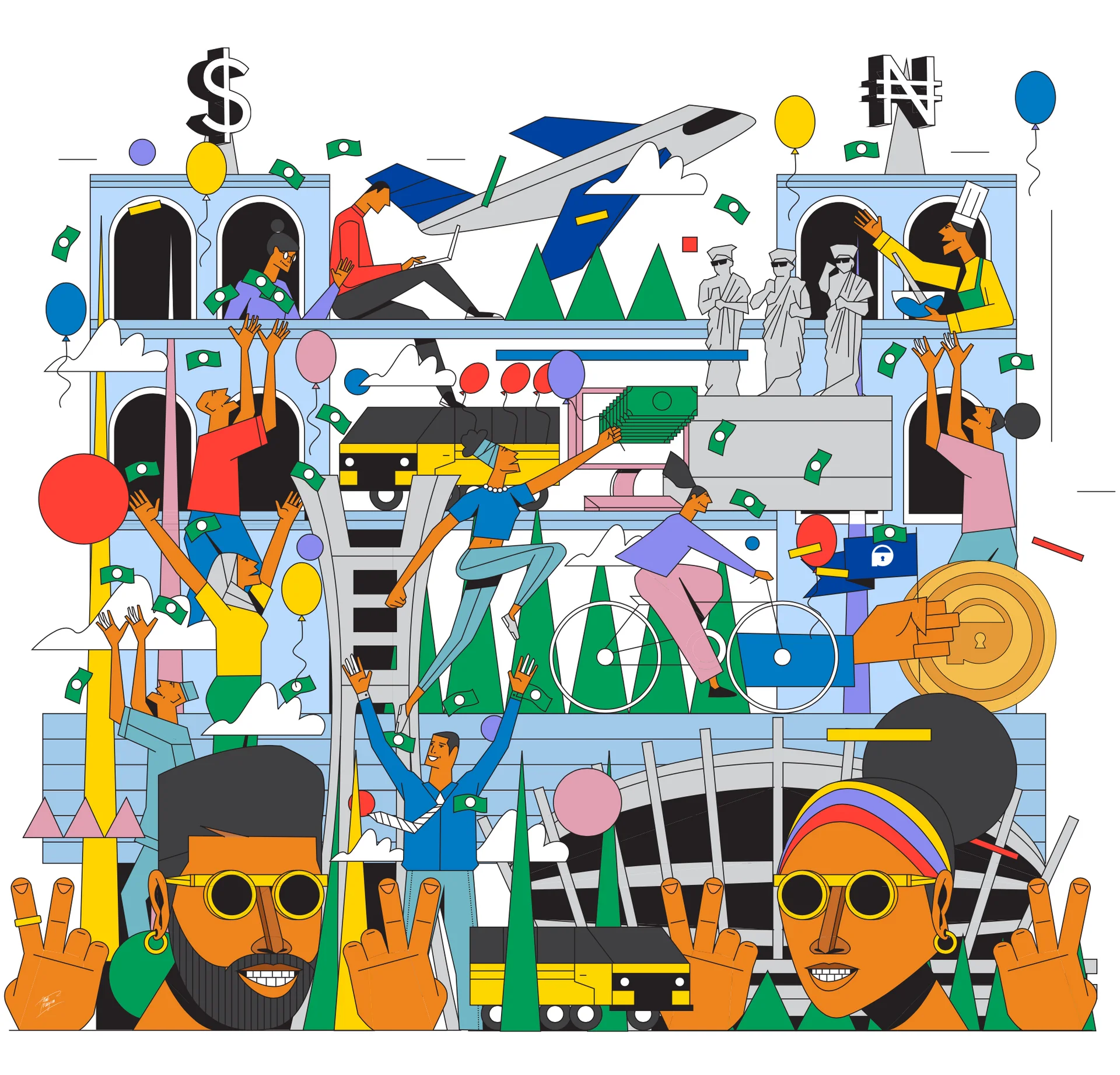Piggyvest mural artwork: busy flat illustration of people catching flying cash, a plane, a bus, a coin and two smiling faces in yellow sunglasses under dollar and naira signs