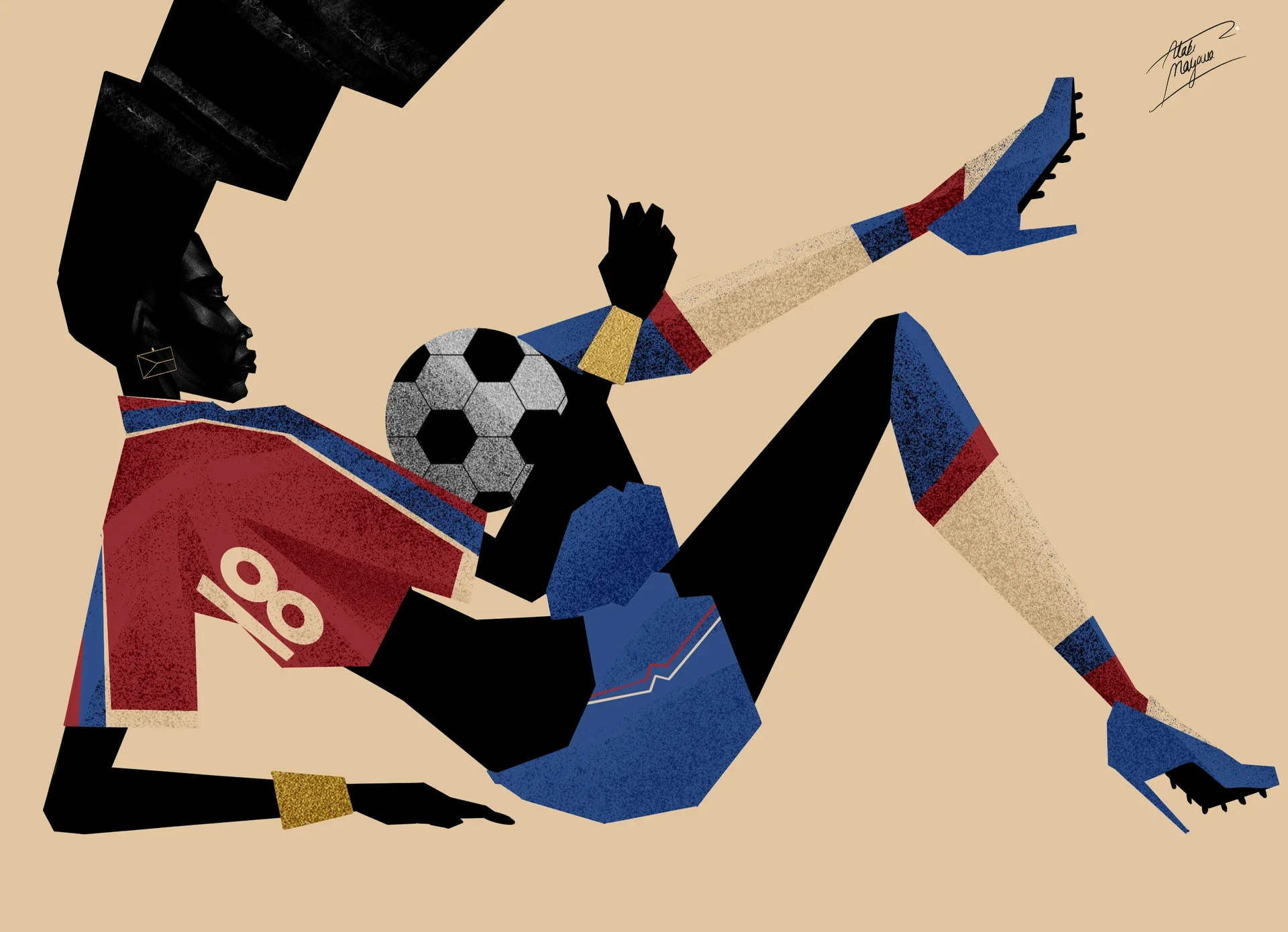 Illustration of a Black woman with towering hair reclining and juggling a football on her knee, in a red number 18 shirt, blue shorts and blue heels, on beige