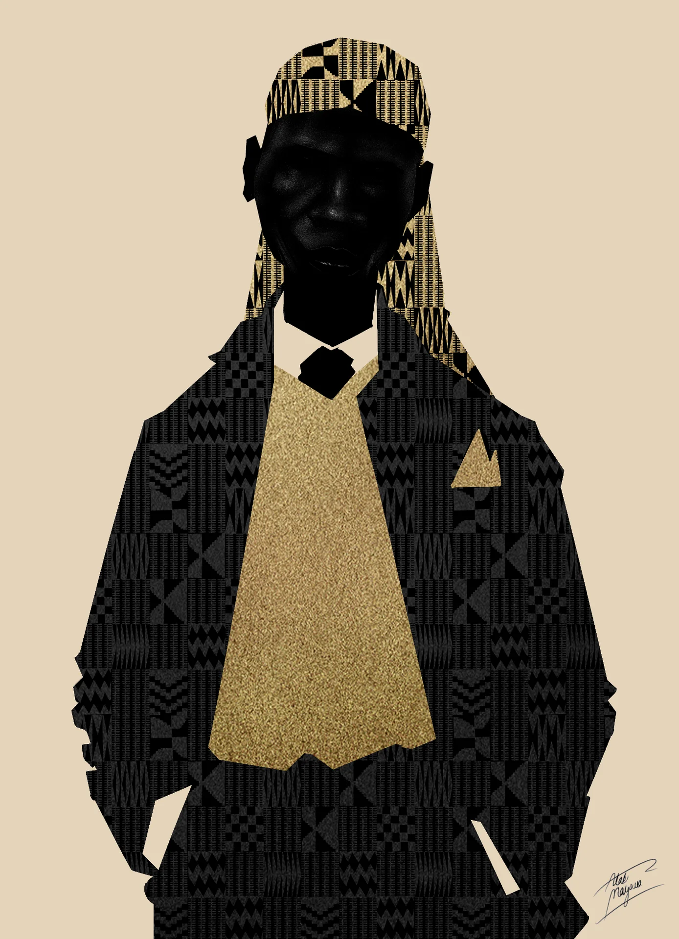 Illustration of a man in a black and gold kente-pattern suit and matching durag, with a gold waistcoat and pocket square, on beige
