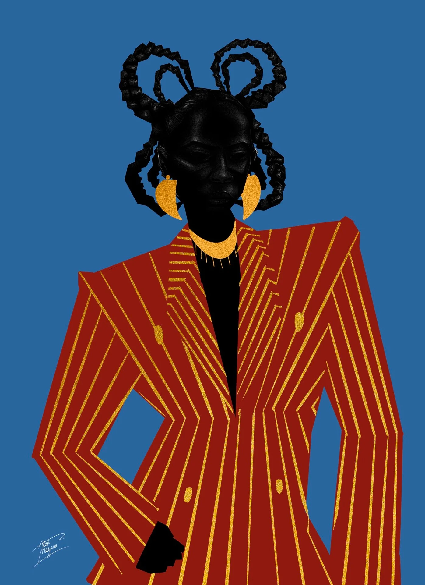Illustration of a Black woman with looped braids and gold horn earrings in a red suit with gold pinstripes, hand on hip, on a blue background