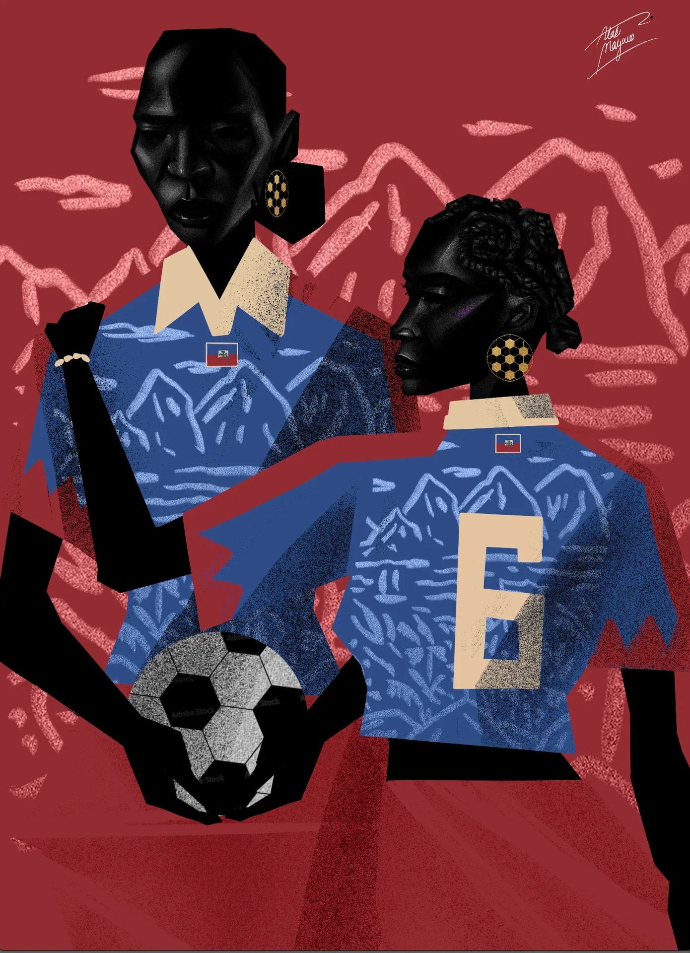 Illustration of two Black women in blue shirts with the Haitian flag and painted mountains, one holding a football, the other's back showing number 6, on red