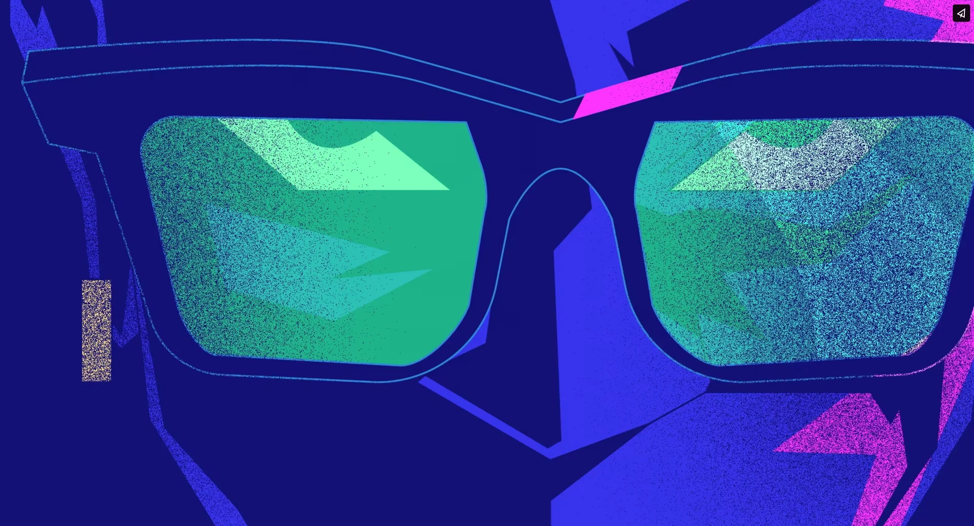 TV spot still: close-up of an animated face in large glasses with green reflective lenses, in deep blue and magenta