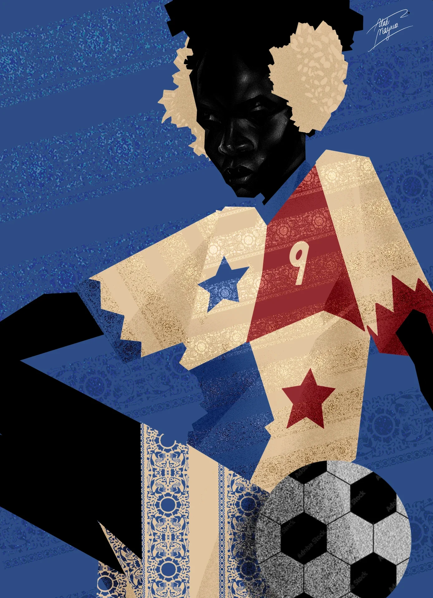 Illustration of a Black woman with cream puffs in her hair, in a cream and red shirt with a blue and a red star and number 9, about to kick a football, on blue