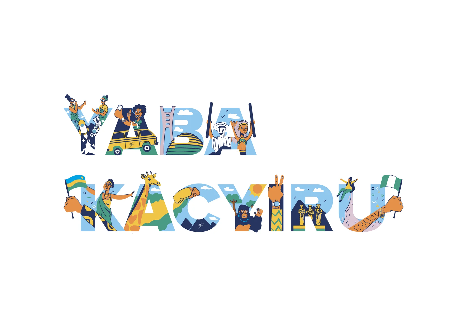 CcHUB Design Lab artwork: the words "Yaba" and "Kacyiru" in letters filled with figures, a yellow taxi, a giraffe, a gorilla and Rwandan and Nigerian flags