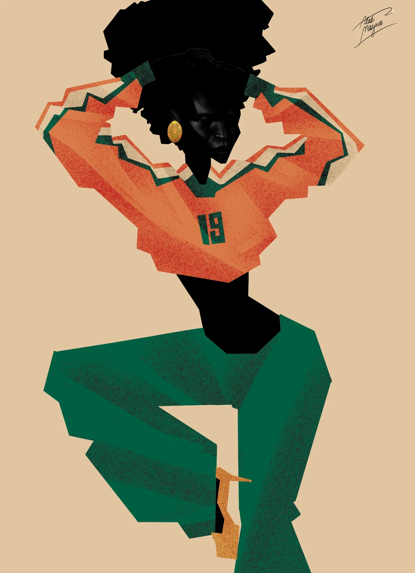 Illustration for Côte d'Ivoire of a Black woman with an afro, hands behind her head, posing in an orange number 19 shirt and wide green trousers