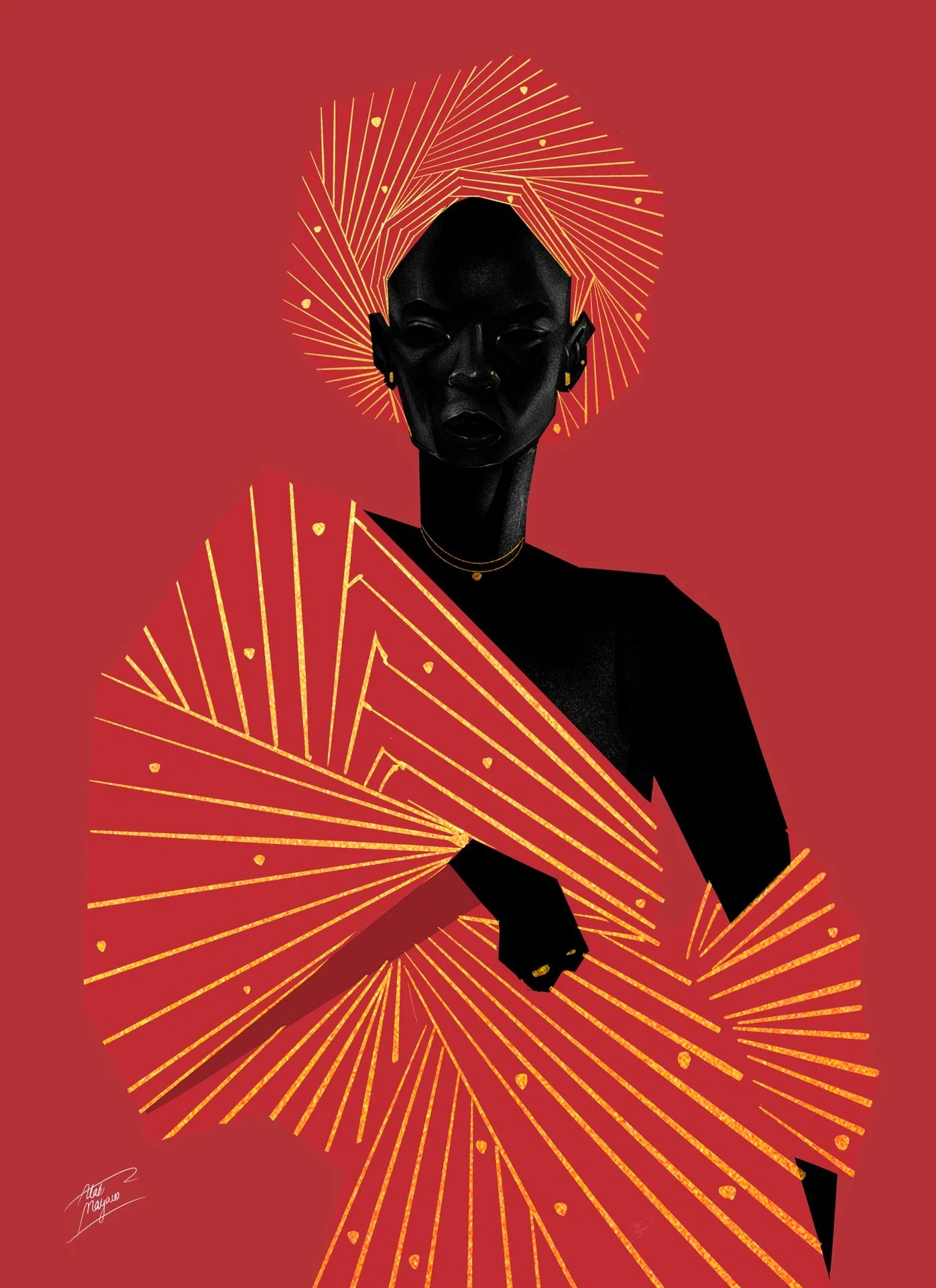 Illustration of a Black woman in a red and gold fan-pleated gele and wrap that radiates around her, holding the fabric across her body on a red background
