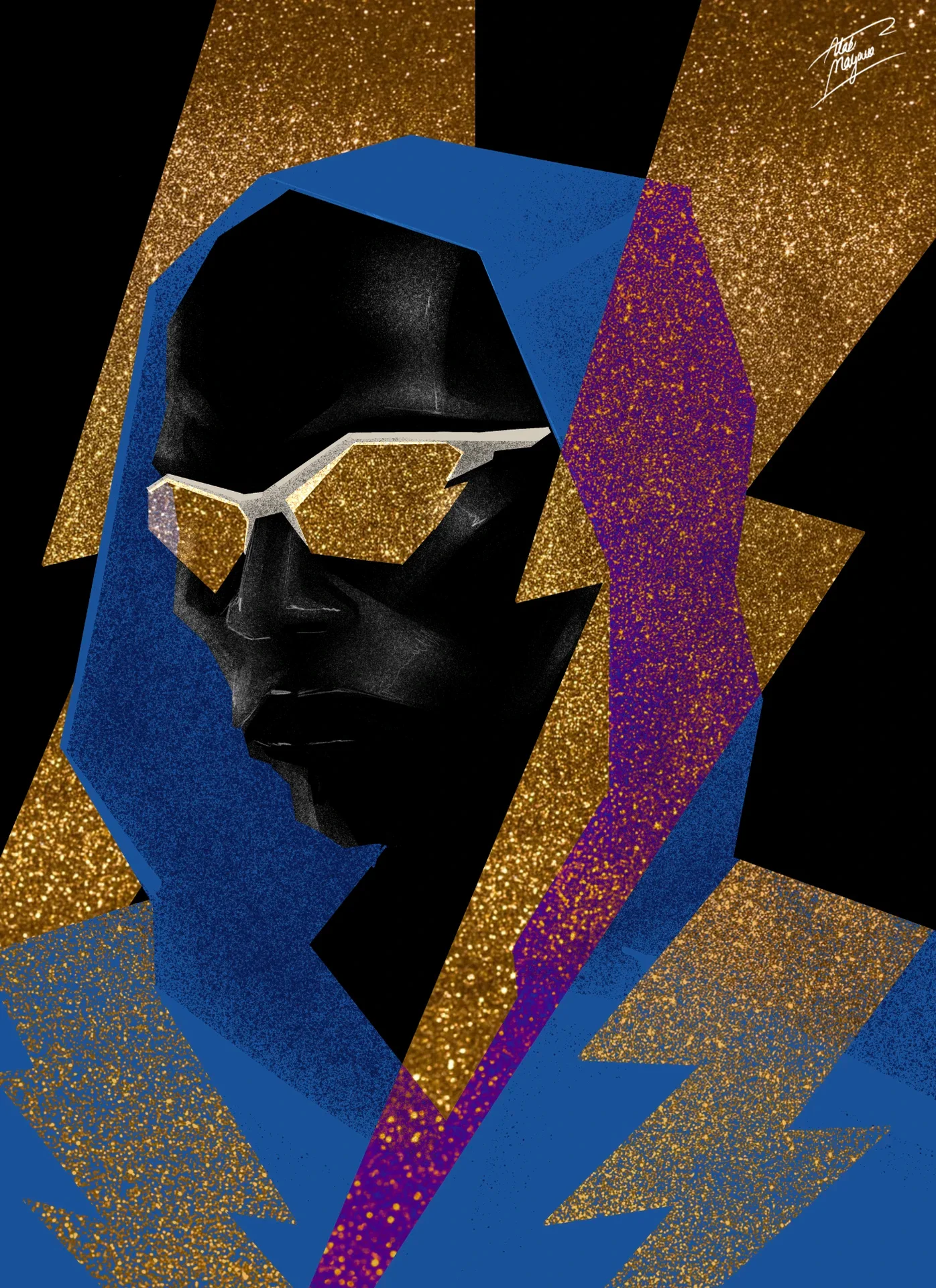 Illustration of a hooded figure in white-framed gold sunglasses, wrapped in blue, with gold and purple glitter lightning bolts on black behind