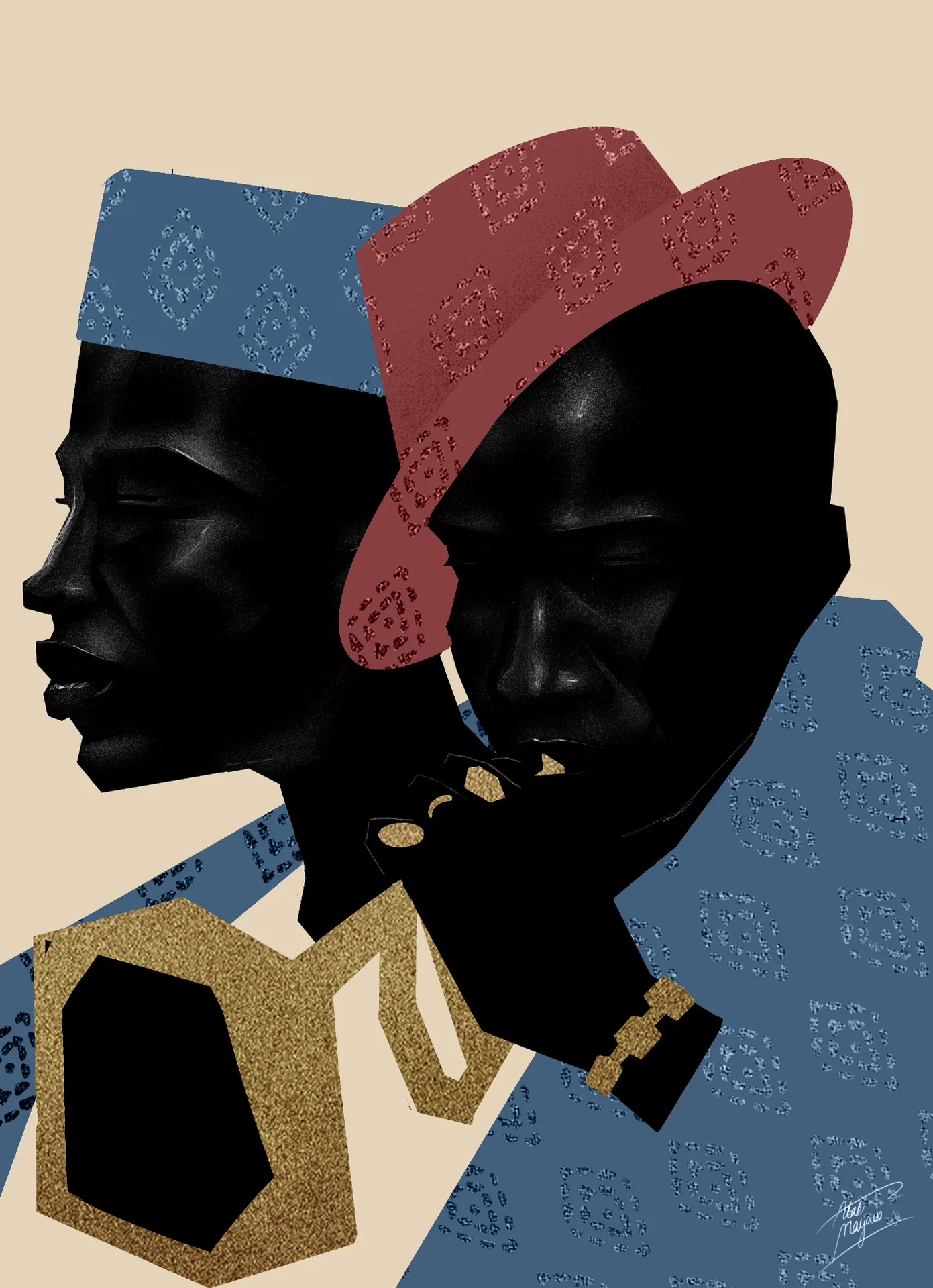 Illustration of two men's faces in profile, one in a blue patterned cap, the other in a red fedora, with gold rings and a gold bracelet