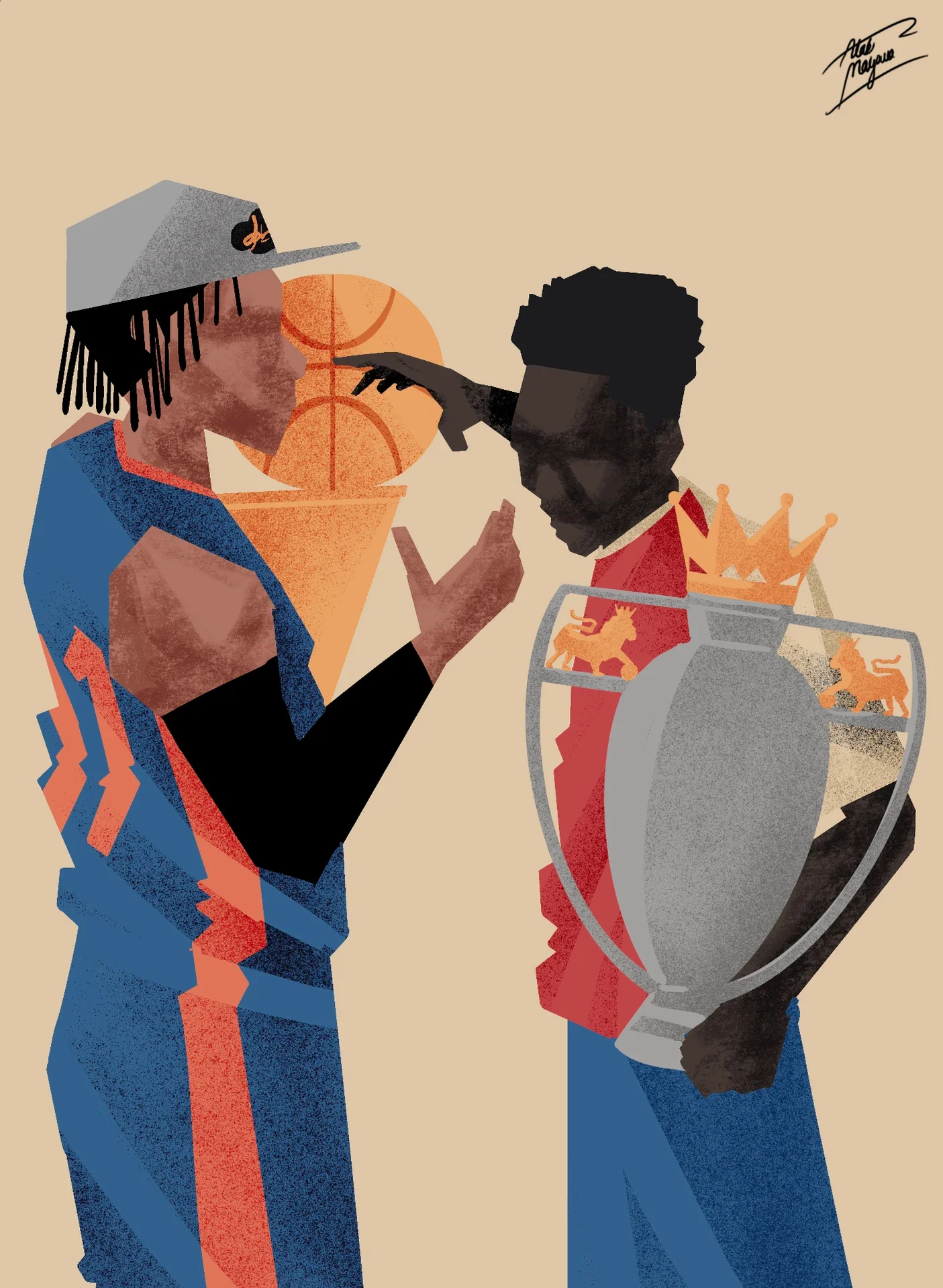 Two young men touching heads in a dap, one in a cap and blue basketball jersey with the NBA trophy, the other in a red shirt holding the Premier League trophy