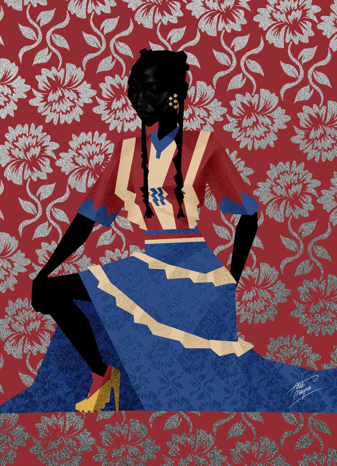 Illustration of a Black woman seated with one knee raised, braids falling past a red, cream and blue striped top and full blue skirt, against red wallpaper with silver flowers