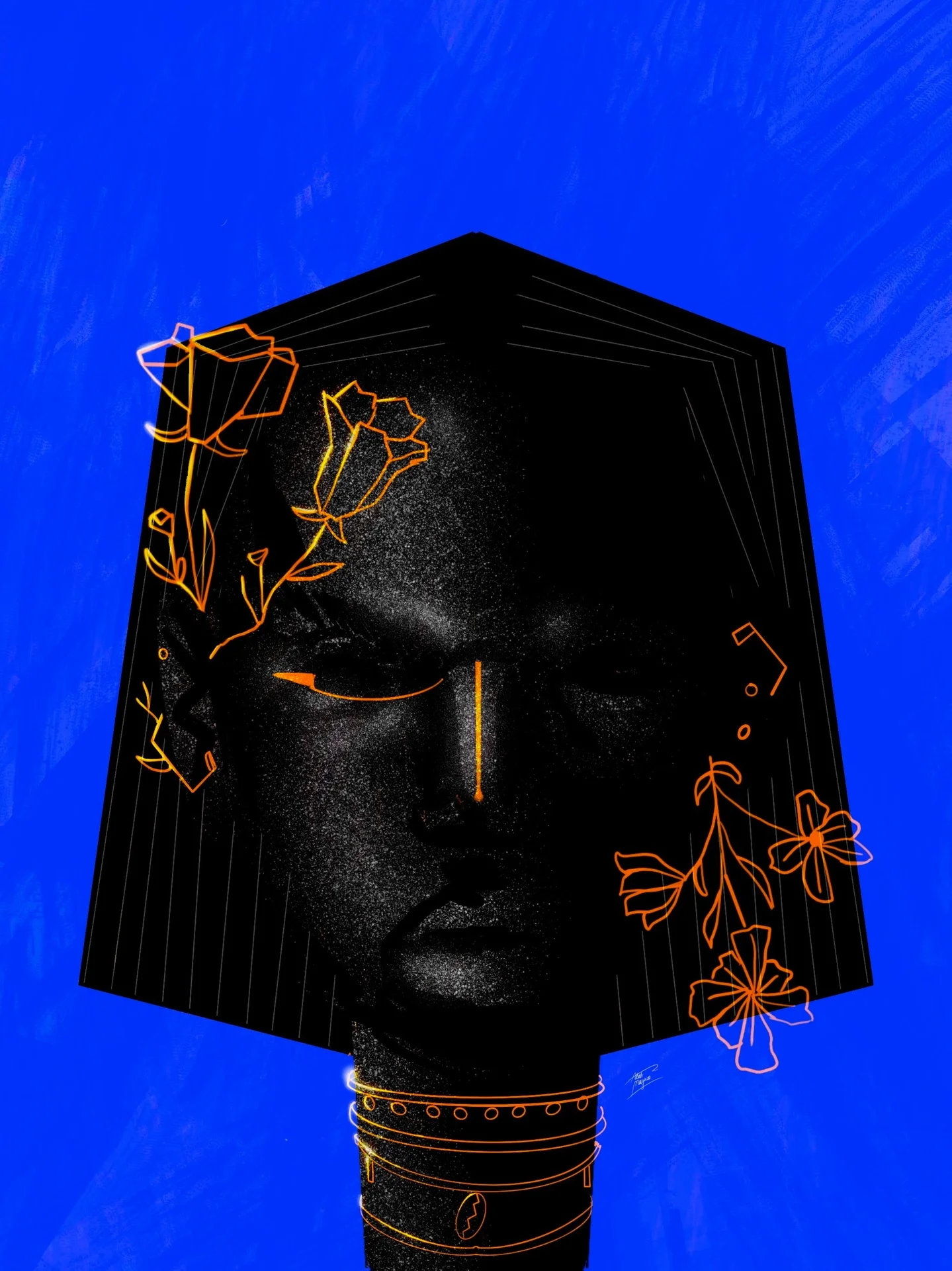 Illustration of a geometric face framed by a square black bob, with orange line-drawn flowers and gold neck rings, against vivid blue