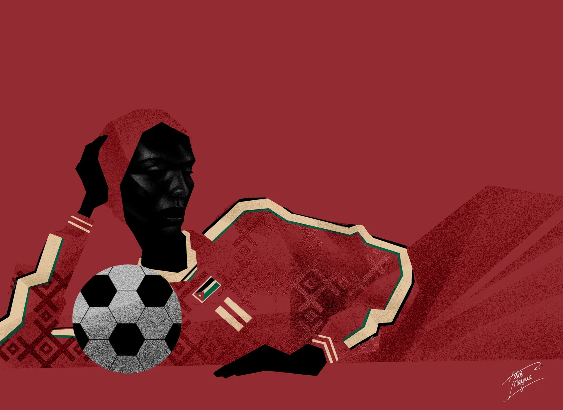 Illustration of a Black woman in a red hooded football kit with a small Jordanian flag badge, lying on her side and resting her elbow on a football, on red