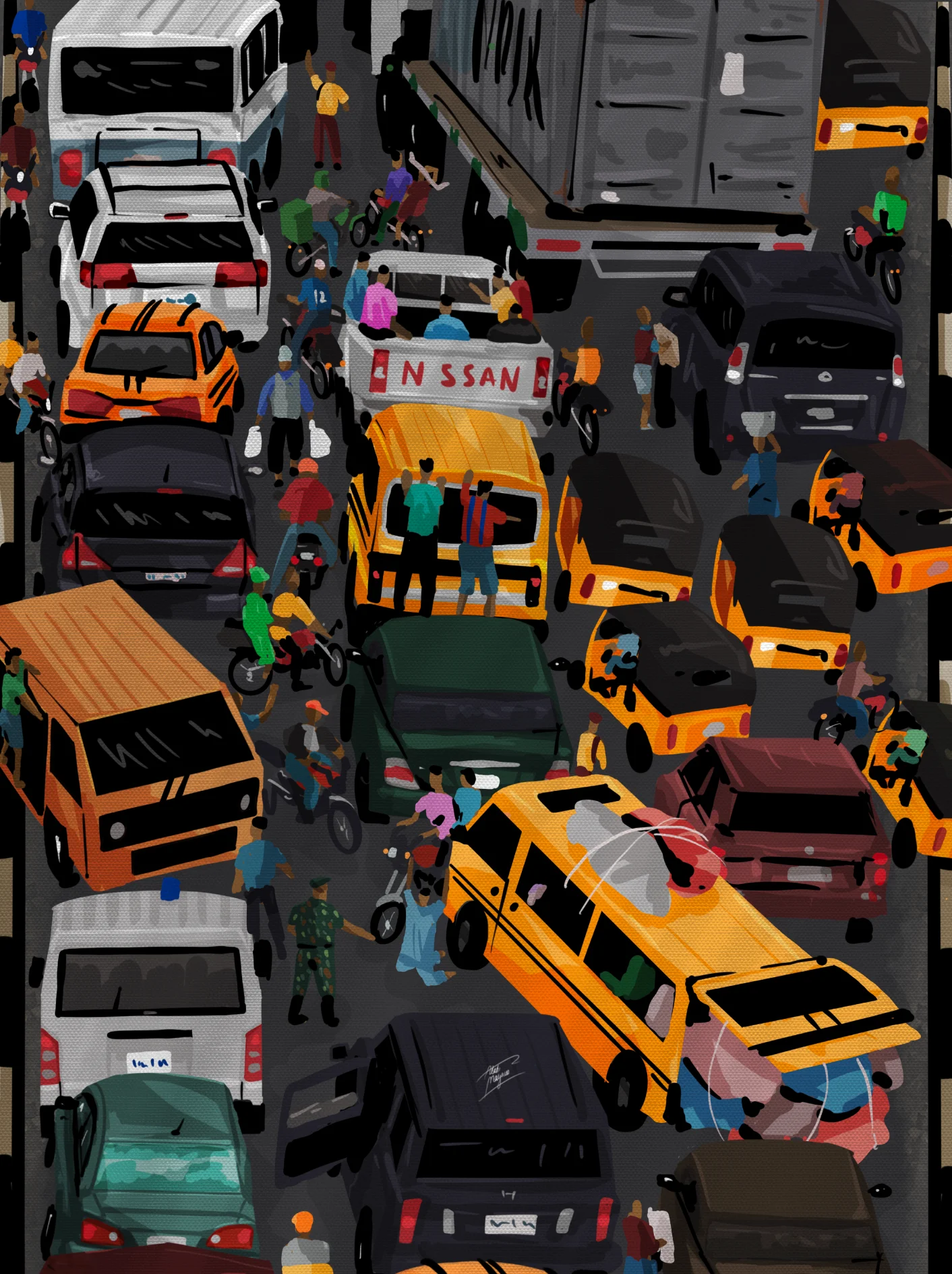Illustration of a packed Lagos traffic jam: yellow danfo buses, cars and okada riders squeezed together, with people hanging off buses and a soldier in the crowd