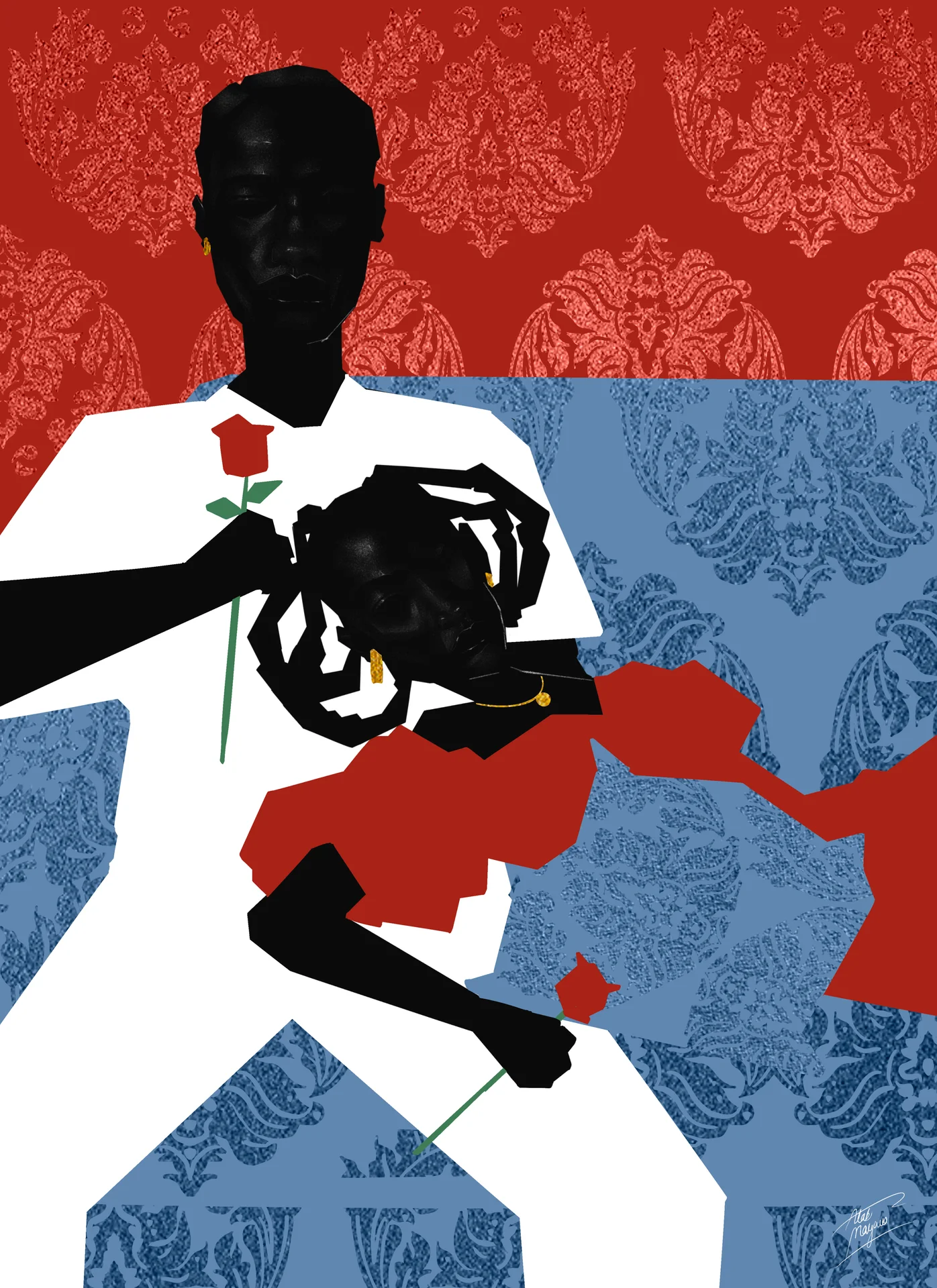 Illustration of a man in white cradling a braided-haired woman in a red dress across his lap, both holding red roses, against red and blue damask wallpaper
