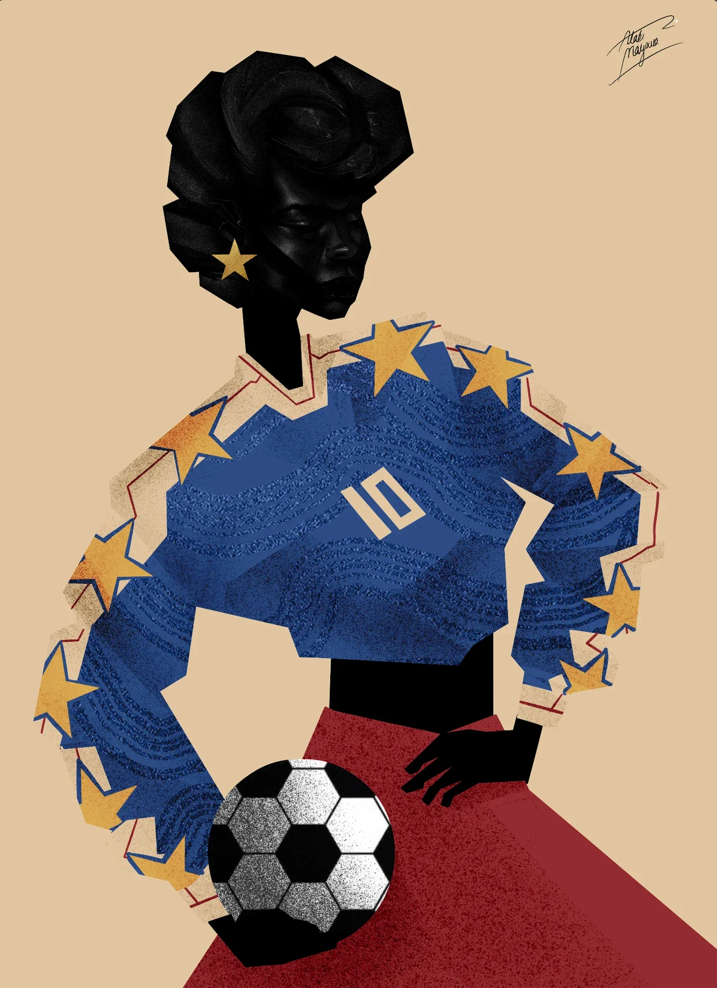 Illustration for Cabo Verde of a Black woman in a blue number 10 shirt edged with gold stars, resting a hand on her hip and a football at her side, on a beige background