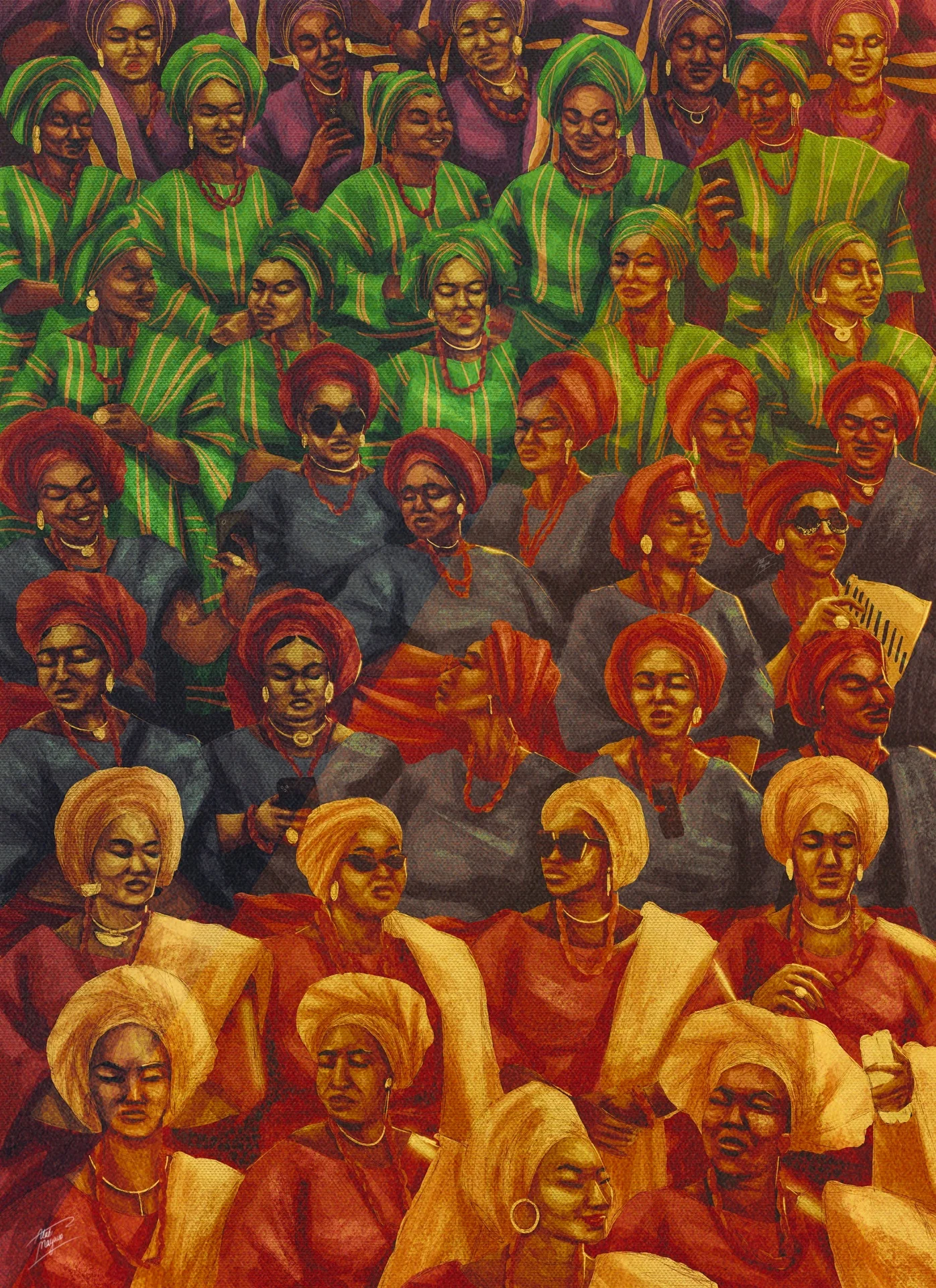 Illustration of Ojude Oba festival-goers, rows of women in gele and coral beads in bands of green aso-oke, red and grey, then gold, some taking phone photos