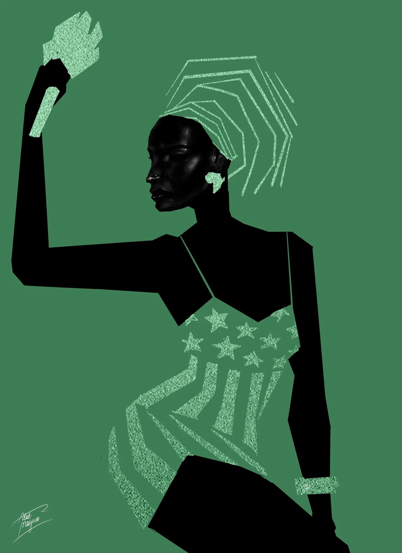 Illustration of a Black woman in a mint green gele and stars-and-stripes top, one arm raised, with an Africa-shaped earring, on a green background
