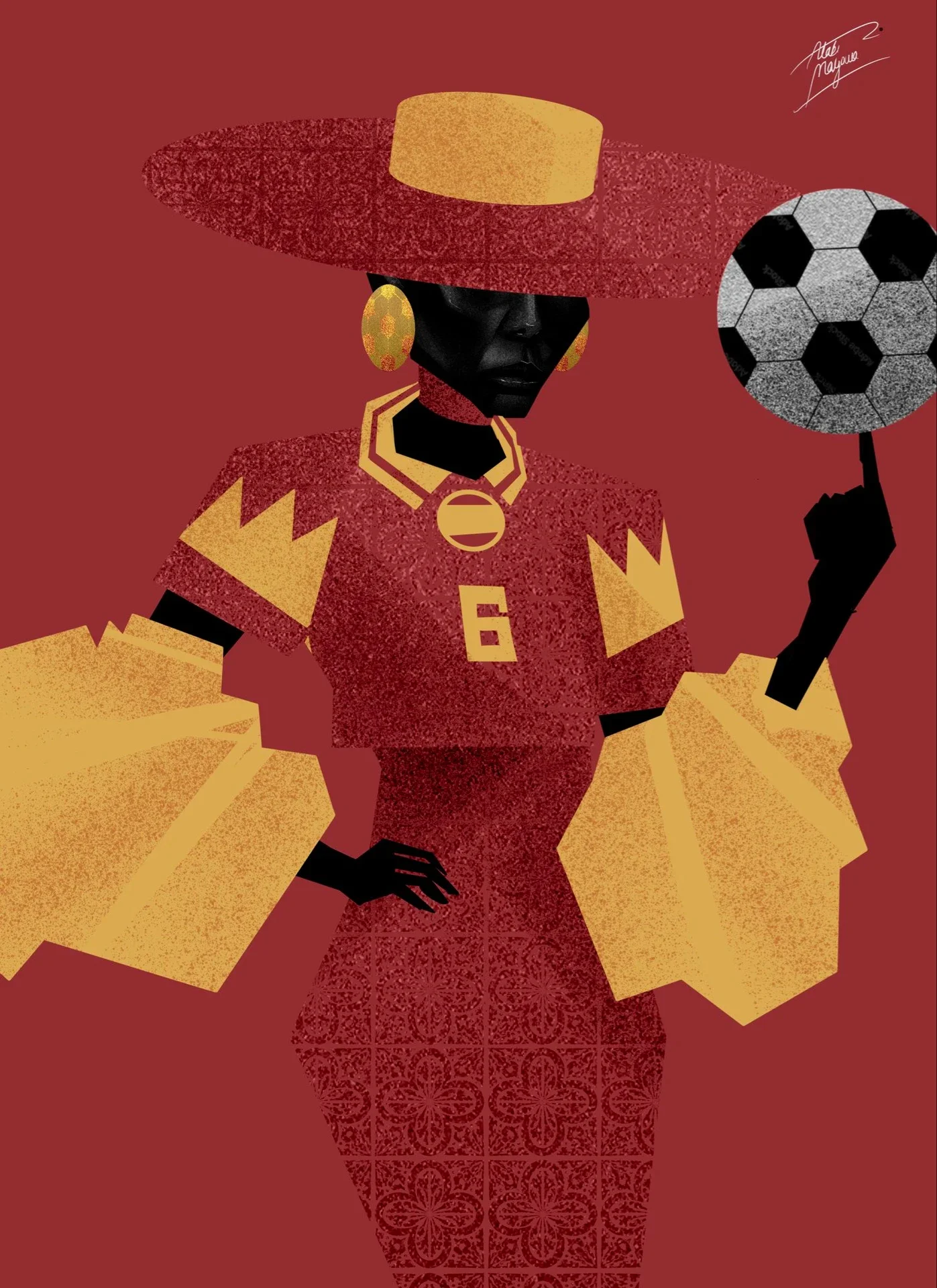 Illustration of a Black woman in a wide-brimmed red hat and red number 6 shirt with gold ruffled sleeves, spinning a football on one finger, on red