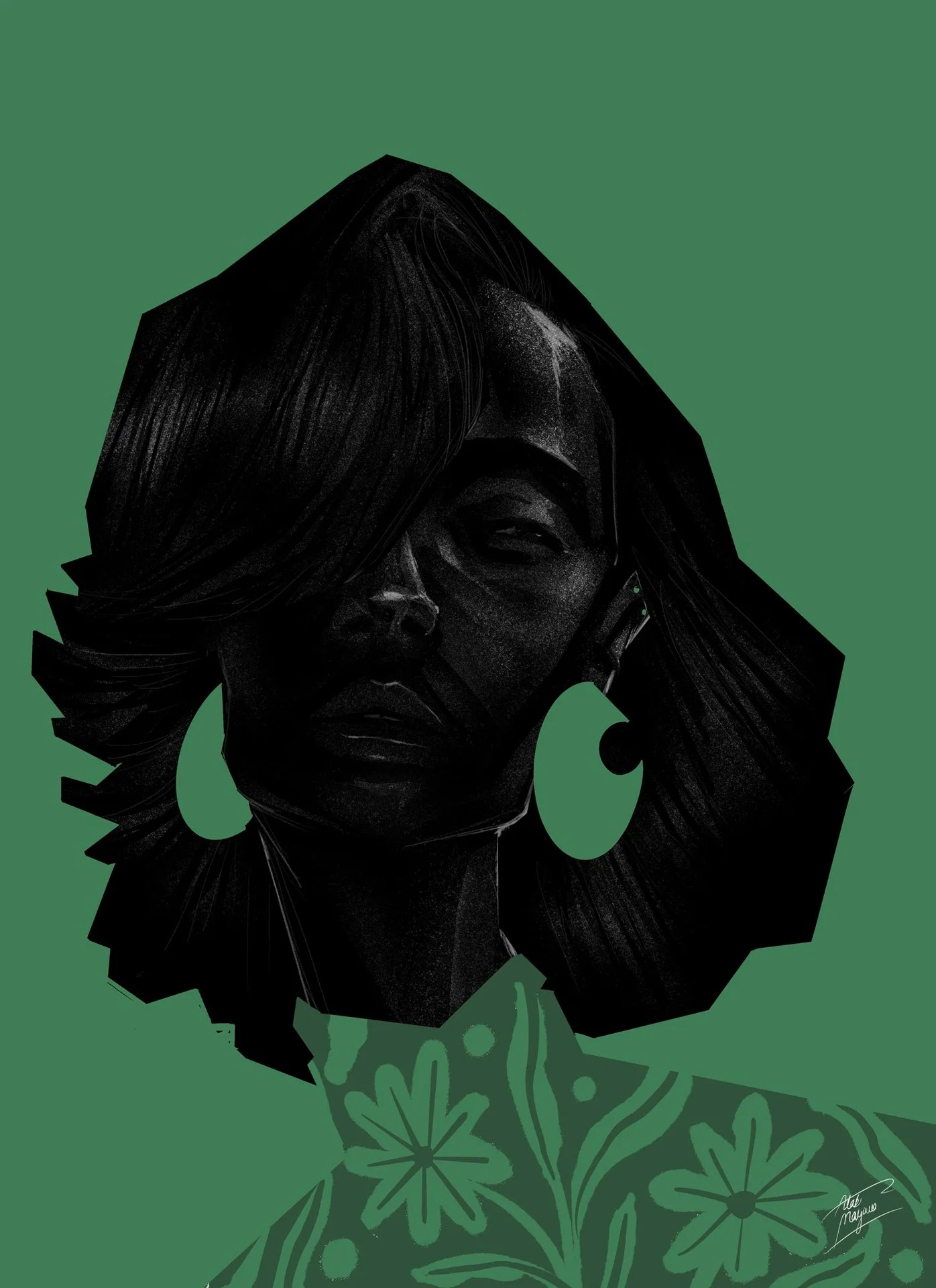 Illustration of a Black woman with a sleek bob and large green crescent earrings, her face half shadowed, wearing a floral collar on a green background