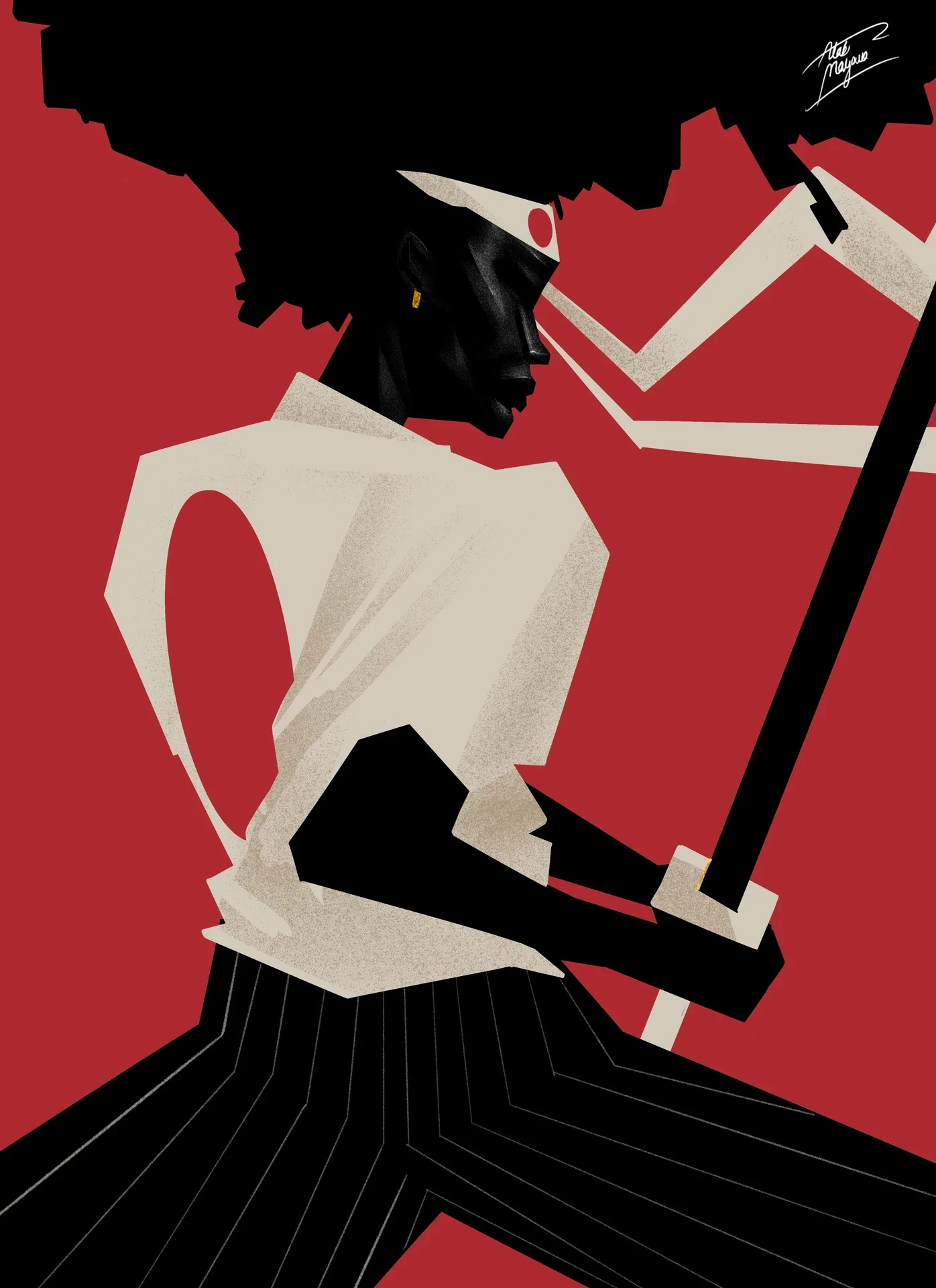 Illustration of a woman with a large afro and white headband, in a cream top and pinstriped trousers, gripping a long sword against a red background