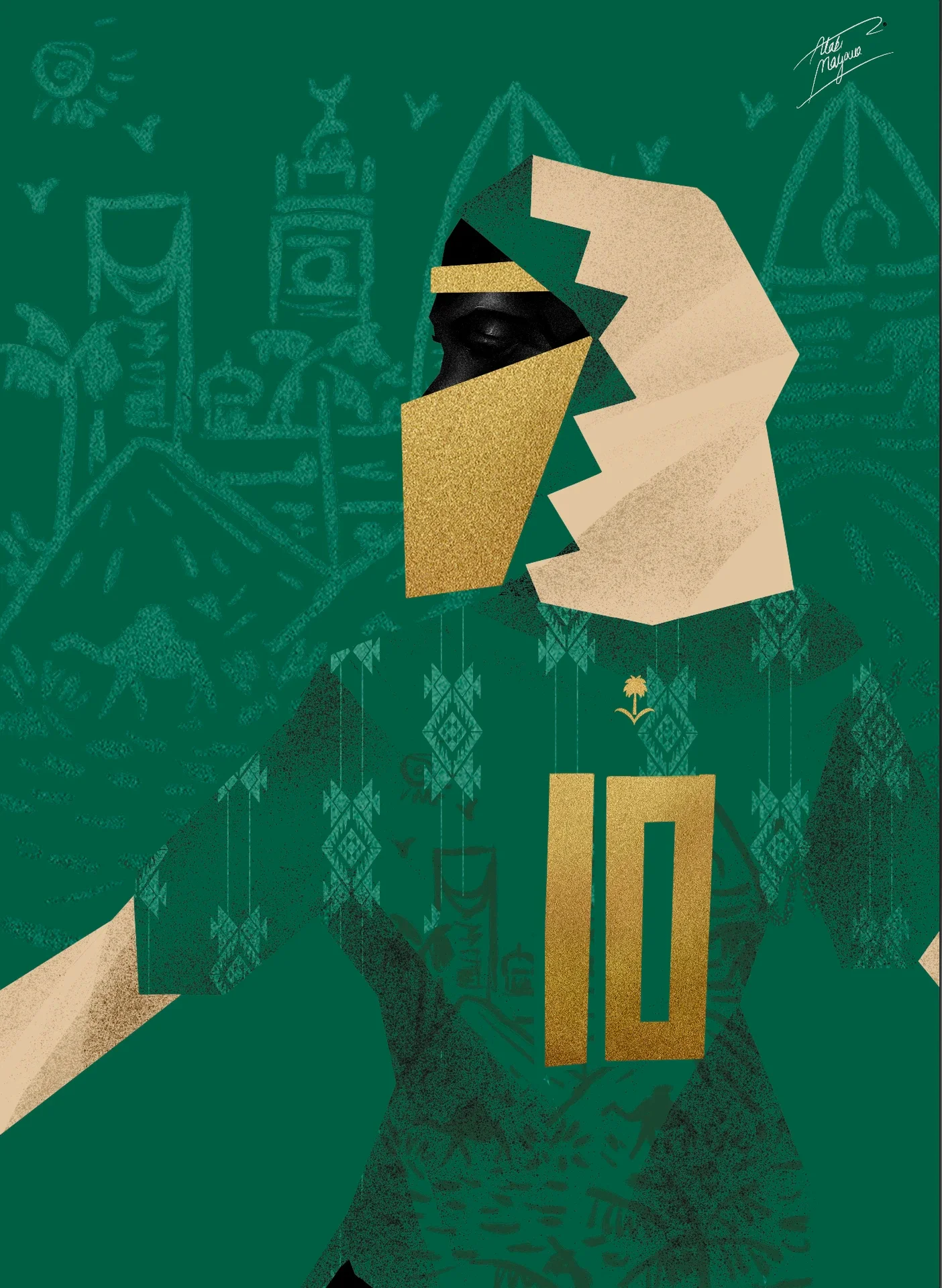 Illustration of a Black woman in a cream headscarf and gold face veil, in a green number 10 kit with a palm emblem, before a sketched desert city on green