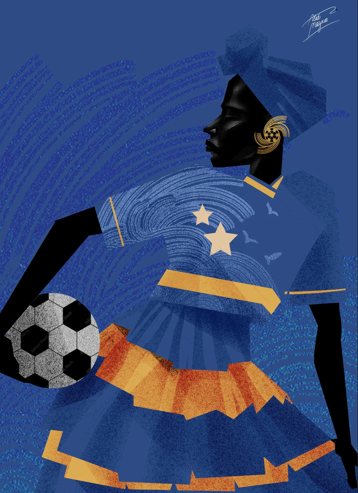 Illustration of a Black woman with a ball on her hip, wearing a blue top with two cream stars and gold trim and a layered orange and blue skirt, on textured blue