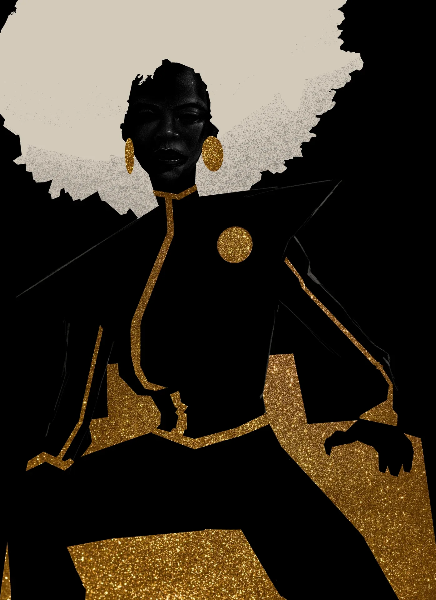 Illustration of a seated woman with a cream afro and round gold earrings, in a black outfit with sharp shoulders and gold glitter trim and panels