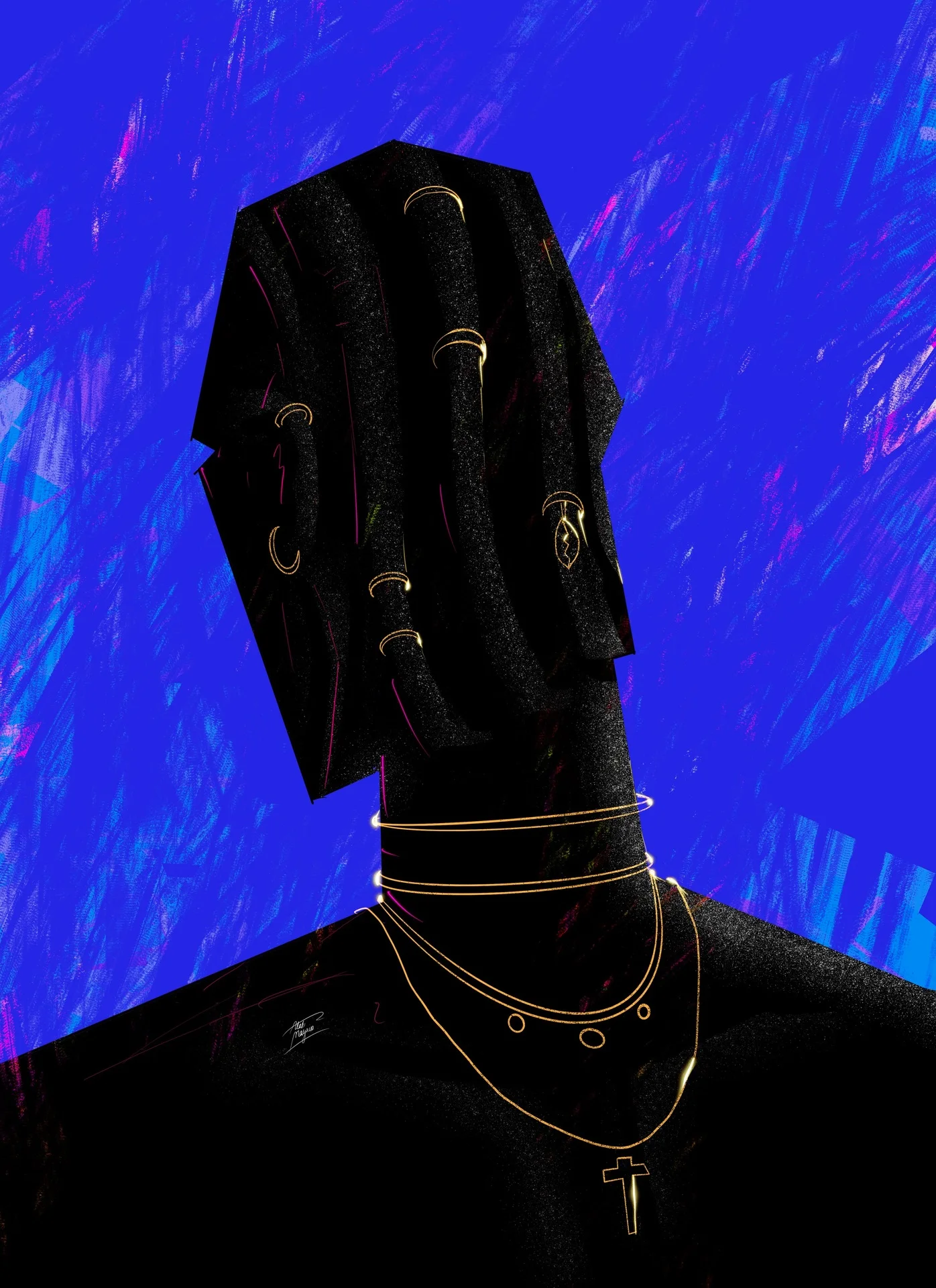 Illustration of a figure whose face is hidden behind long locs threaded with gold cuffs, wearing gold necklaces and a cross, on blue