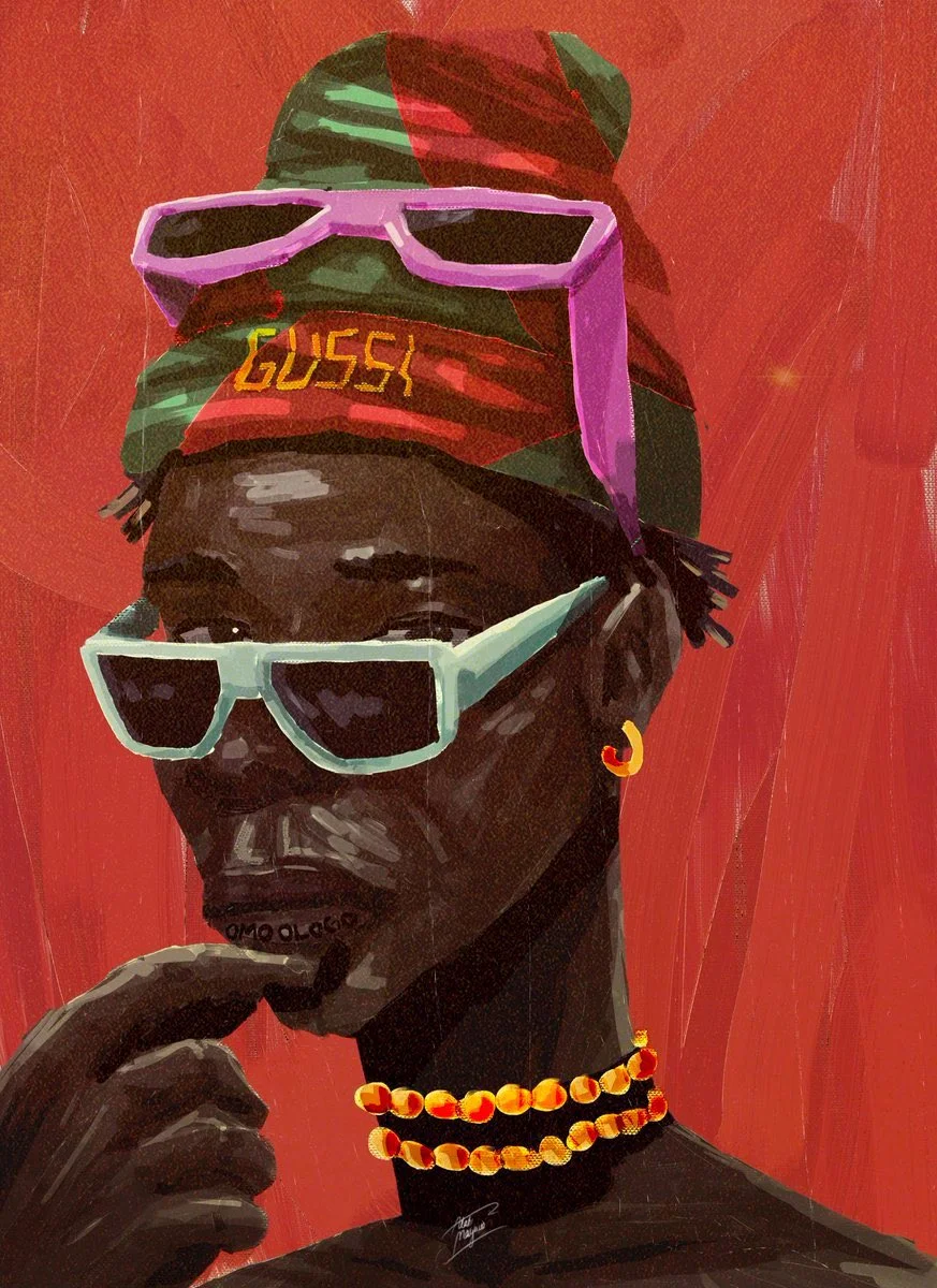 Illustration of a man in a red and green "Gussi" bucket hat with two pairs of sunglasses and a gold bead necklace, finger to his chin, on red