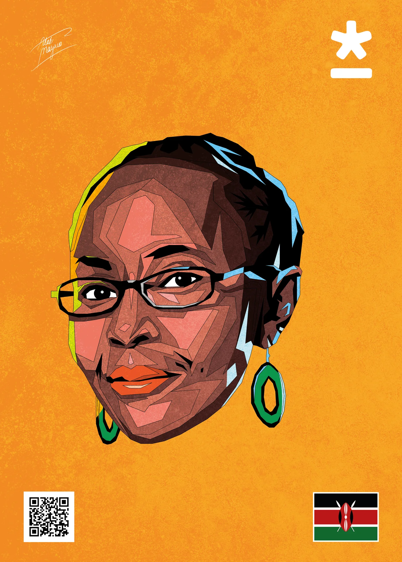 Portrait of a smiling woman with glasses and green hoop earrings in angular shapes on orange, with a Kenyan flag and QR code