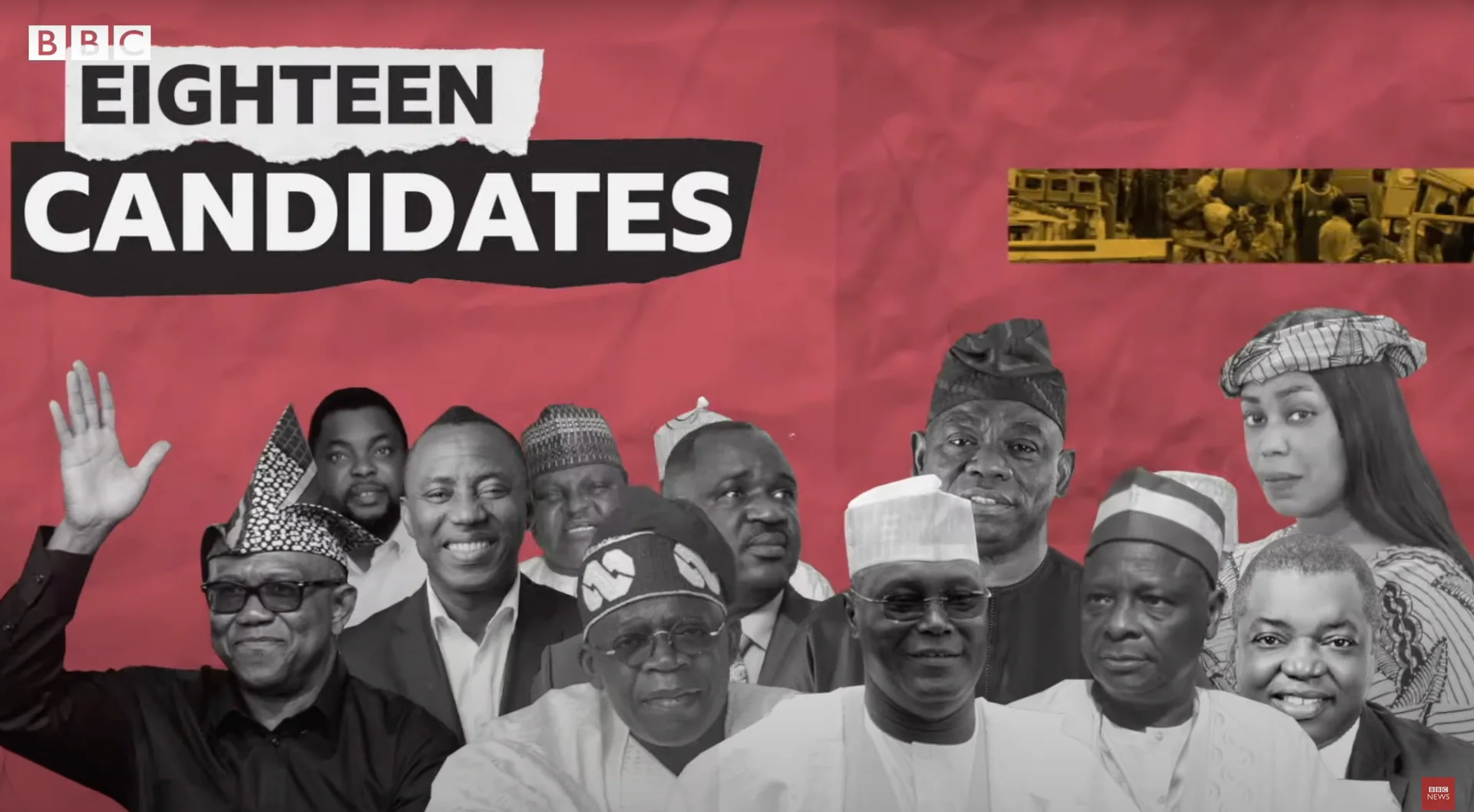 "How to win a Nigerian election" BBC video still: the title "Eighteen candidates" above cut-out photos of presidential candidates on red