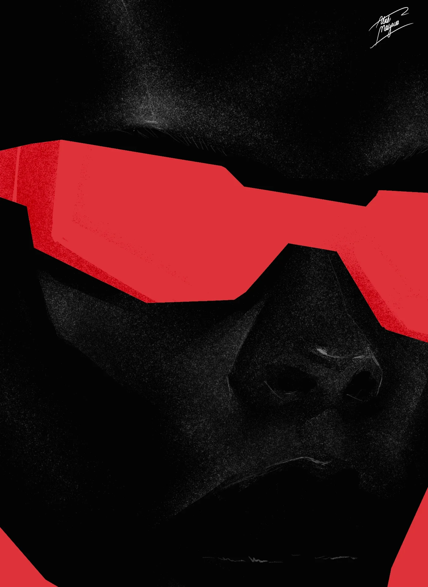 Close-up illustration of a dark face filling the frame, eyes hidden behind wide angular red sunglasses