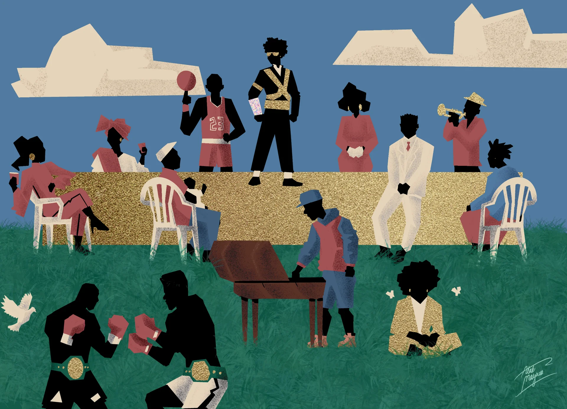 Illustration of an outdoor gathering on grass: a dancer on a gold stage, a basketball player, a trumpeter, people on plastic chairs and two boxers