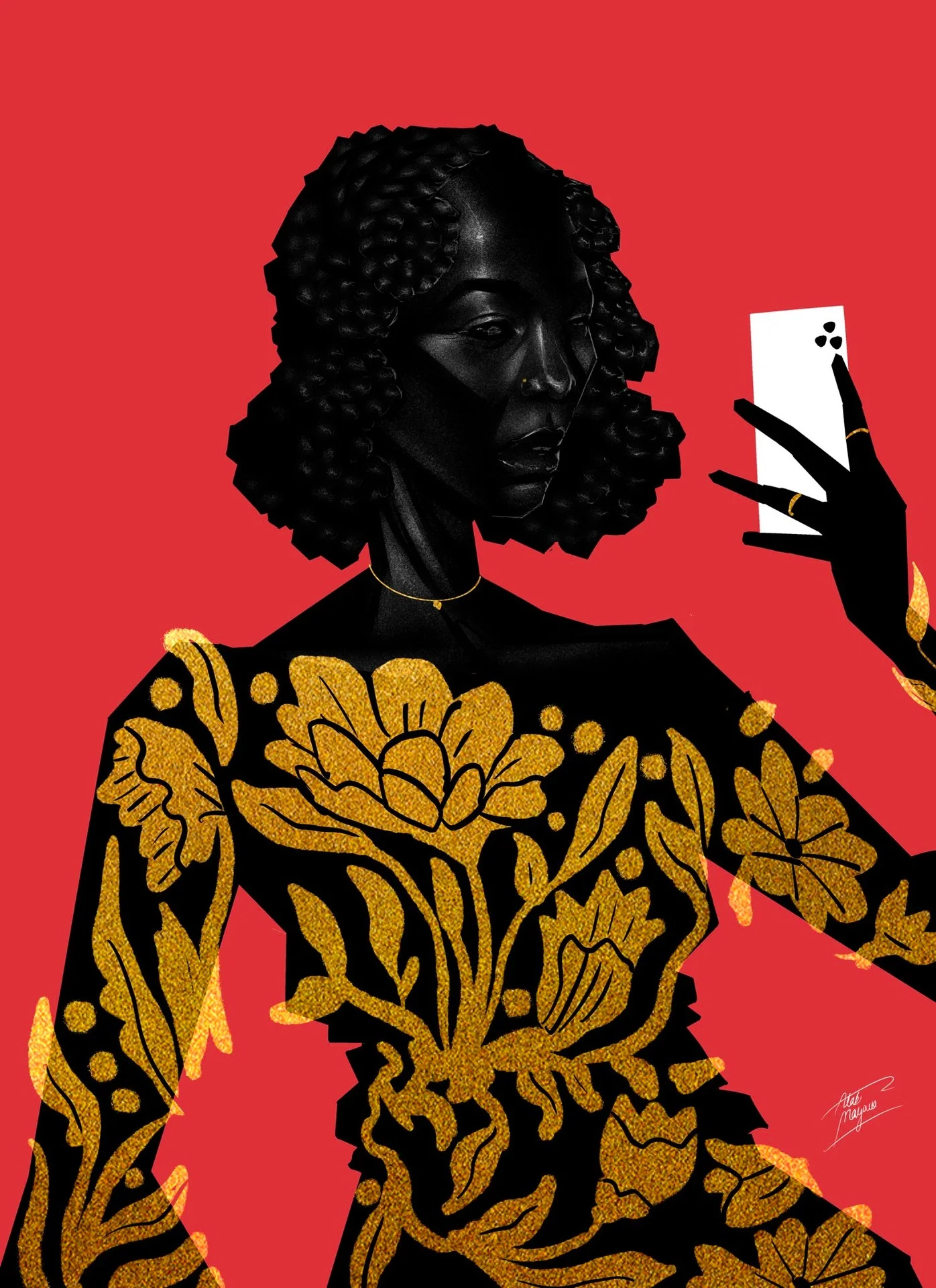 Illustration of a Black woman with curly hair taking a mirror selfie on a white phone, in a black dress with gold glitter flowers, on a red background