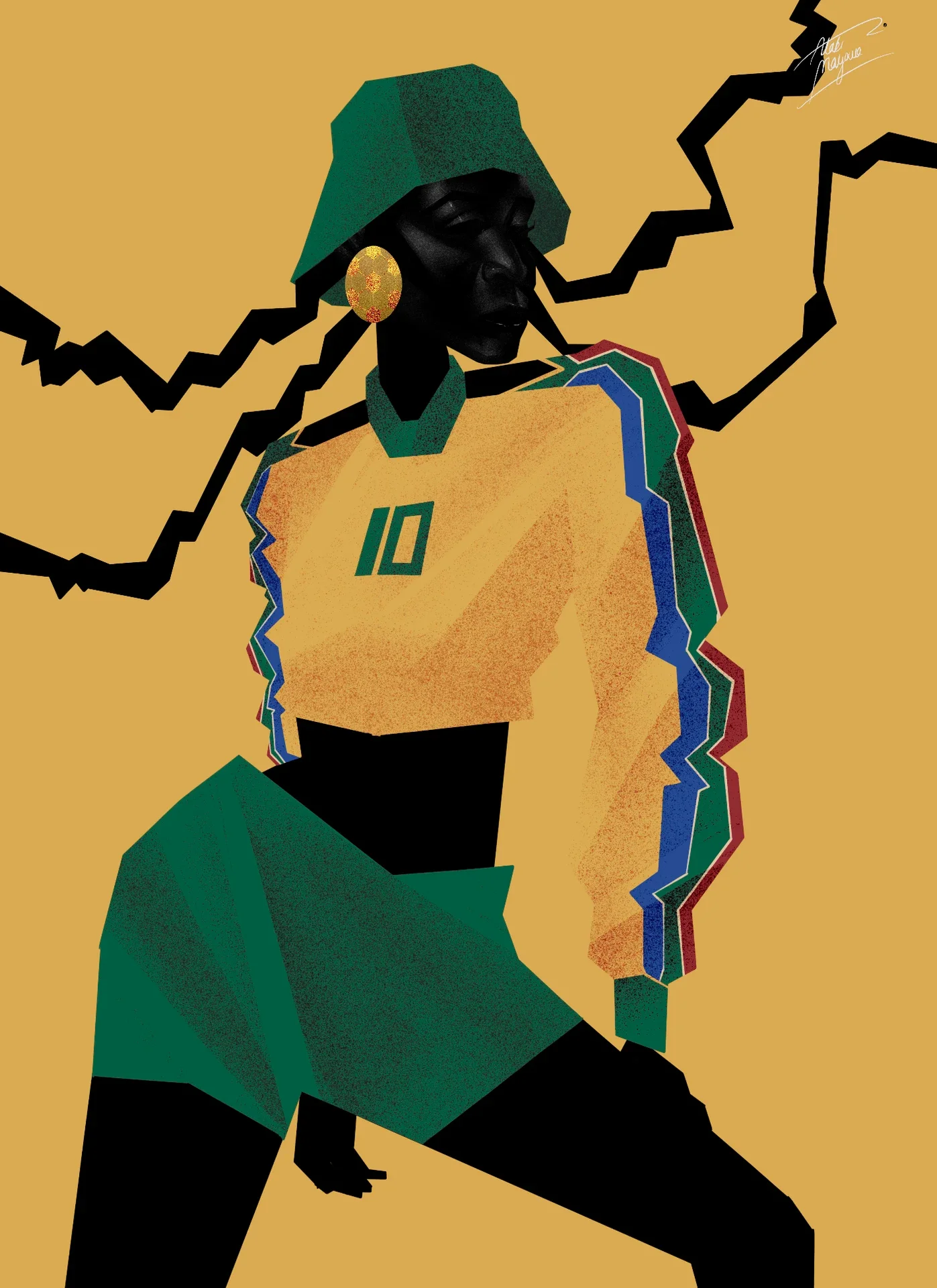 Illustration of a Black woman in a green bucket hat, yellow number 10 top with green, blue and red striped sleeves and green shorts, braids zigzagging out on gold