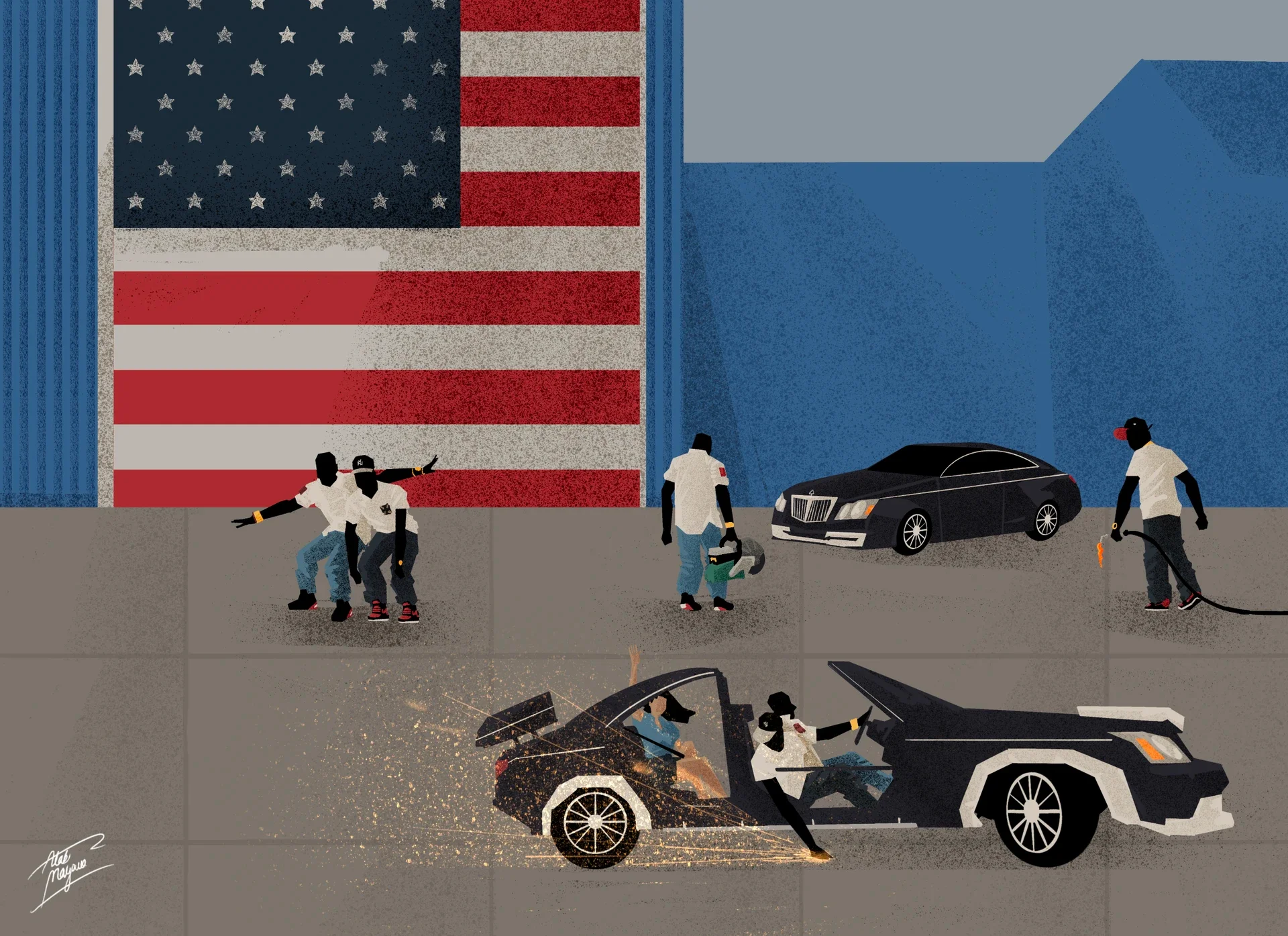 Illustration of a crew in white T-shirts at a car meet before a giant American flag mural, one man riding a convertible as sparks fly from its scraping rear