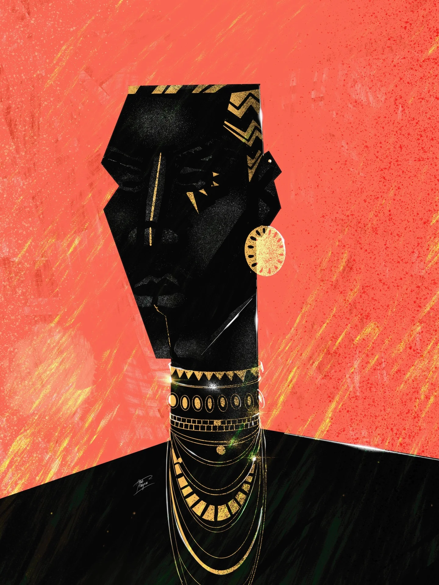 Illustration of an angular face with gold zigzag markings, a gold disc earring and stacked gold necklaces, against coral orange